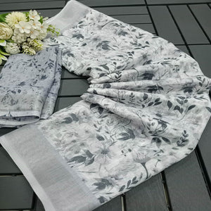 Light Grey Floral Digital Printed Linen Saree