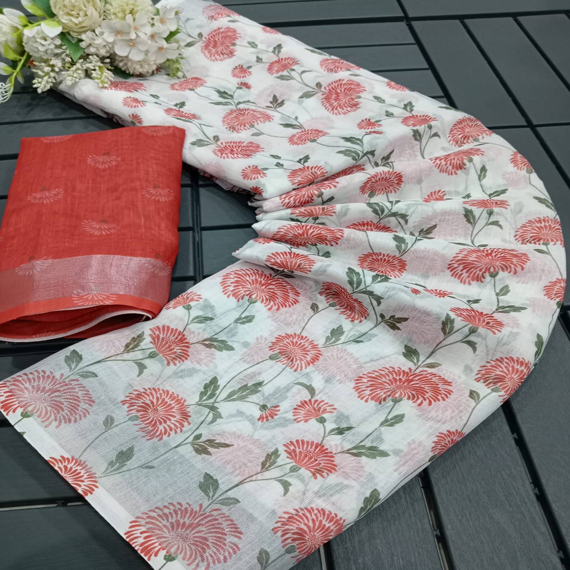 White & Red Floral Digital Printed Linen Saree
