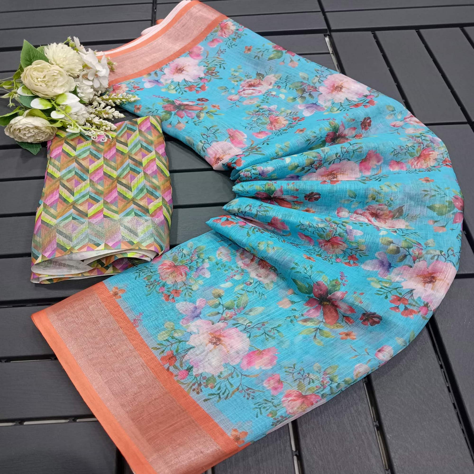 Sky Blue Floral Digital Printed Linen Saree