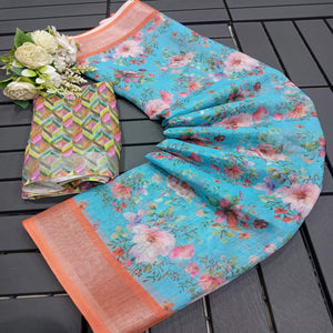 Sky Blue Floral Digital Printed Linen Saree
