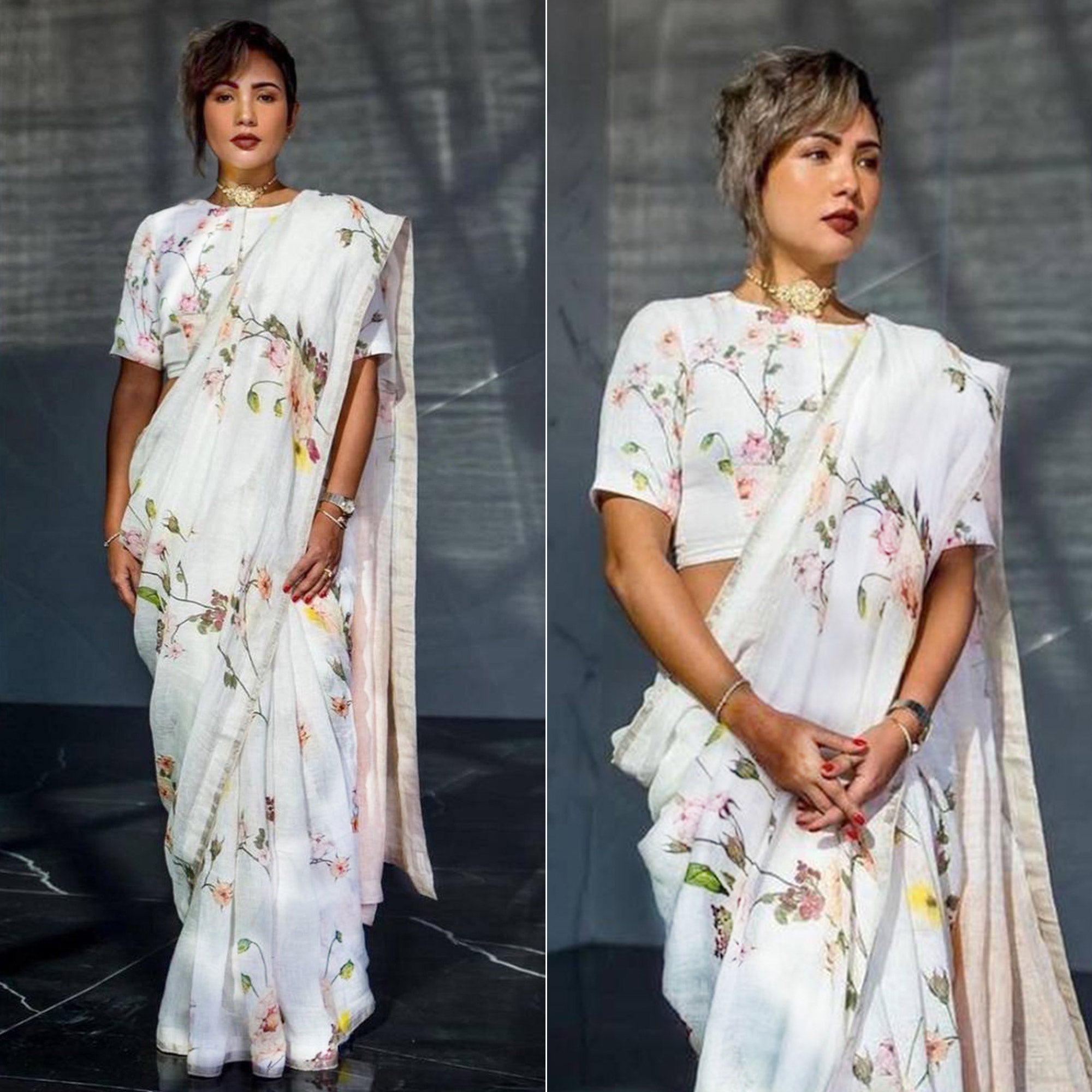 White Floral Digital Printed Linen Saree