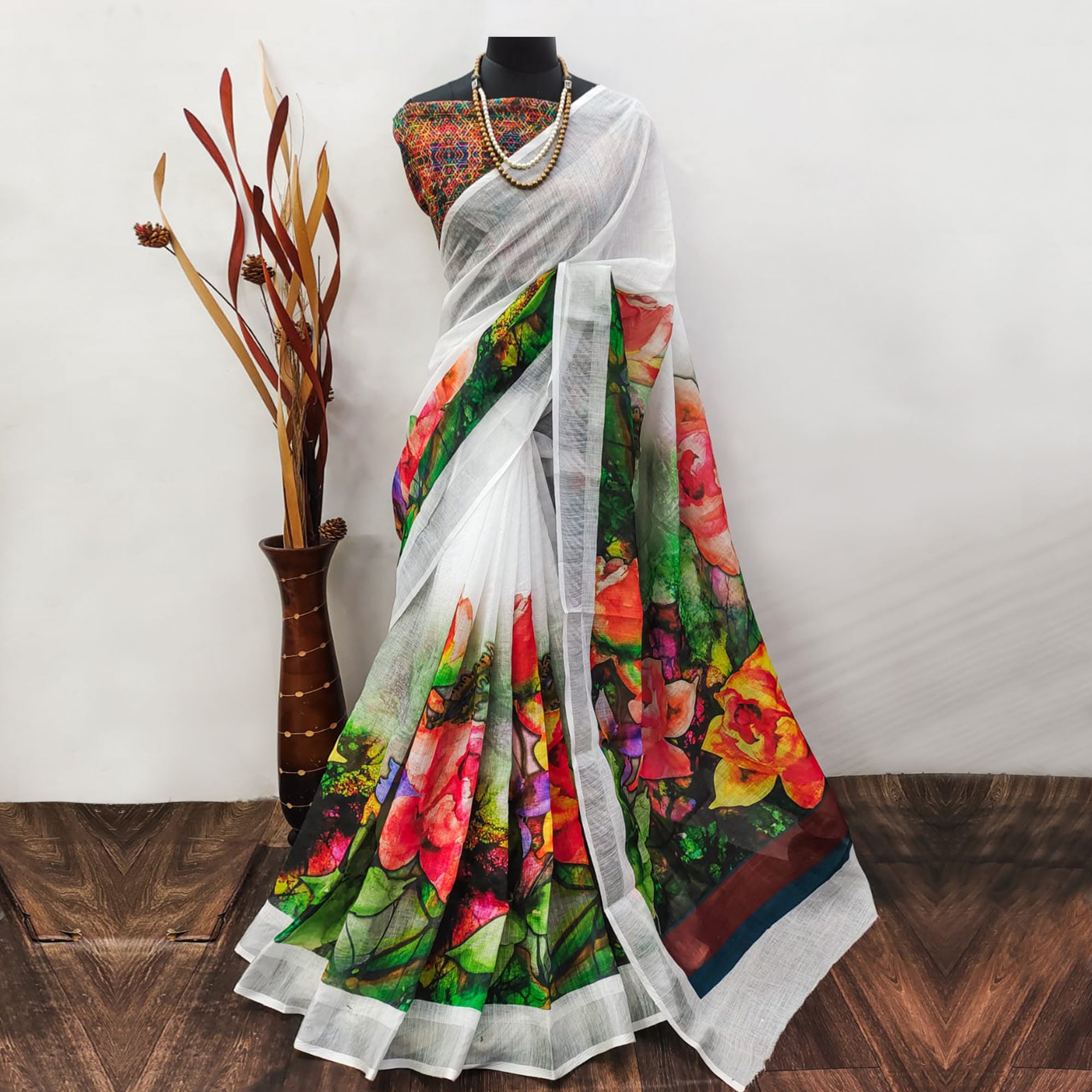 White Floral Digital Printed Linen Saree