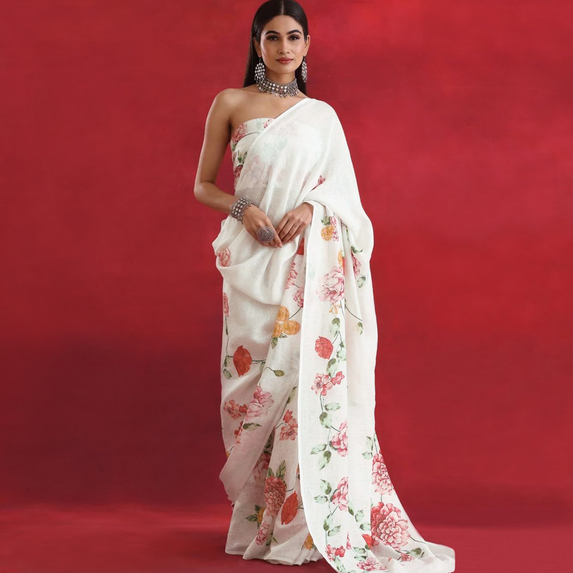 White Floral Digital Printed Linen Saree