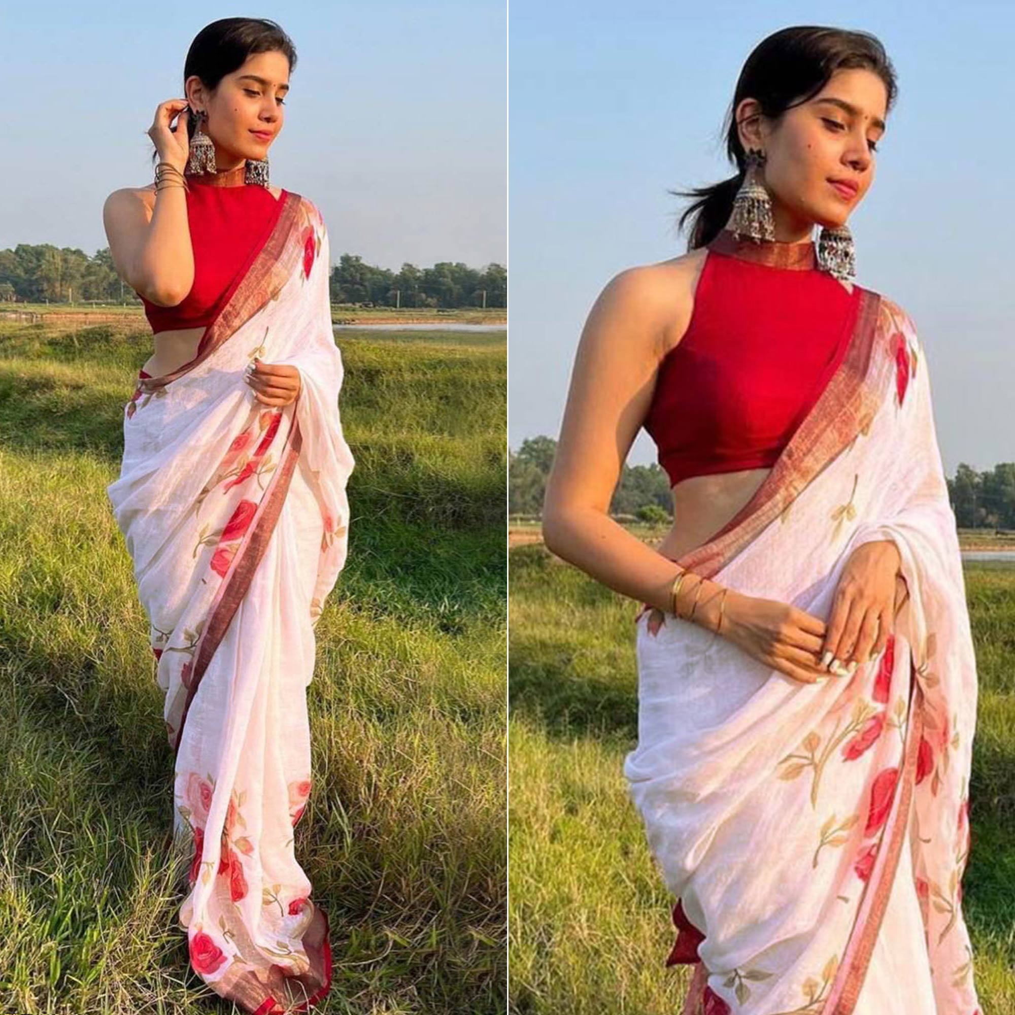 White Floral Digital Printed Linen Saree