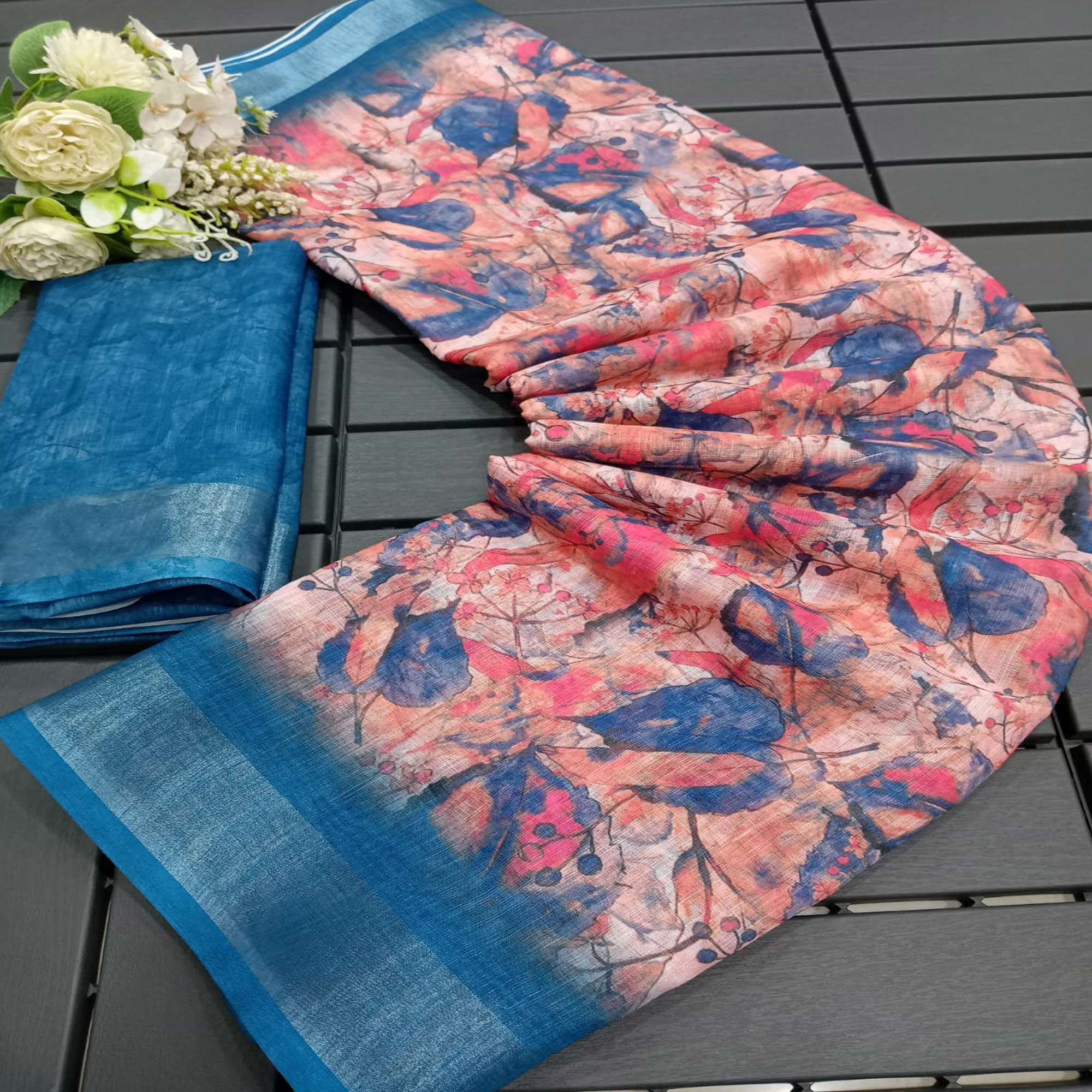 Peach & Blue Floral Printed Linen Saree