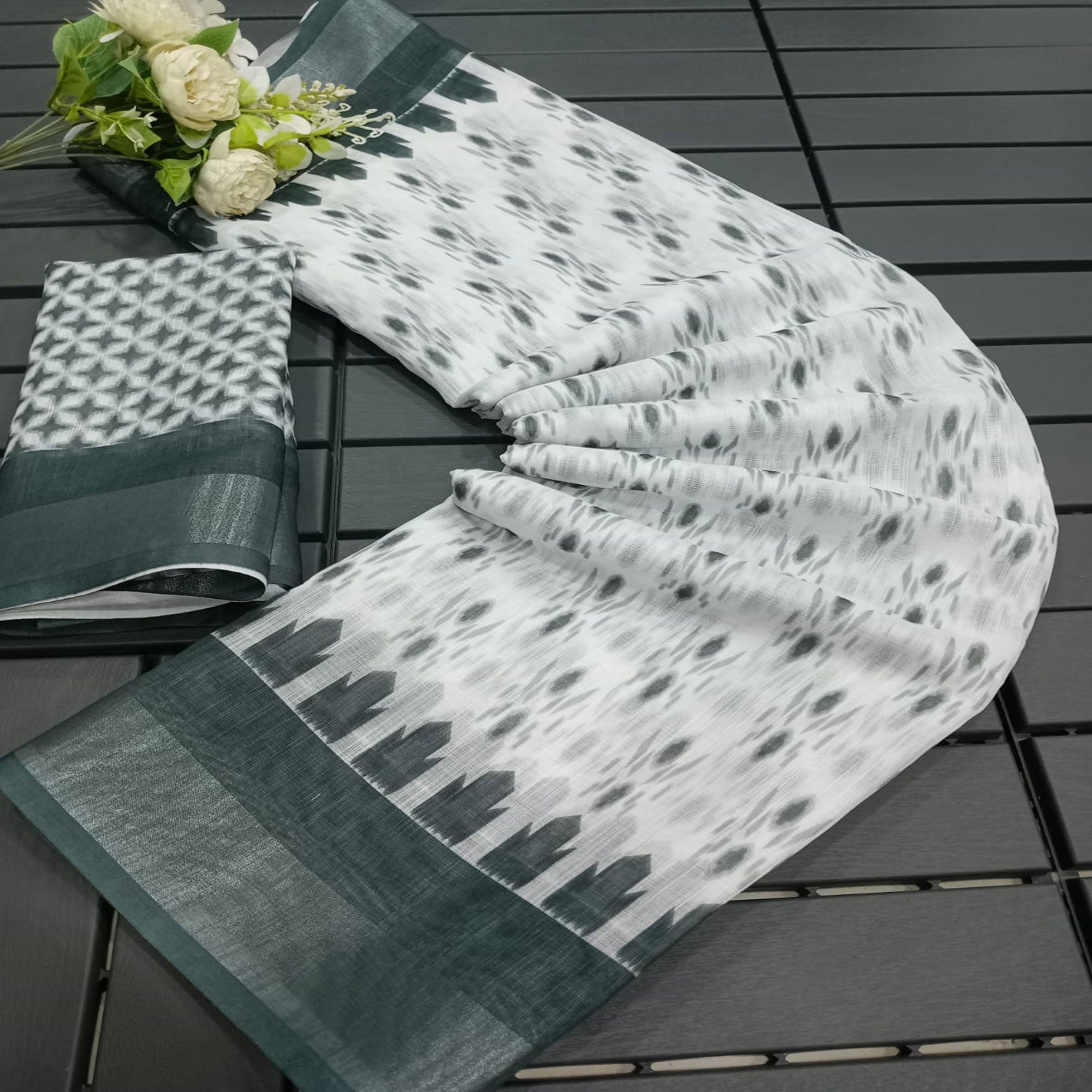 White & Grey Ikkat Printed Linen Saree