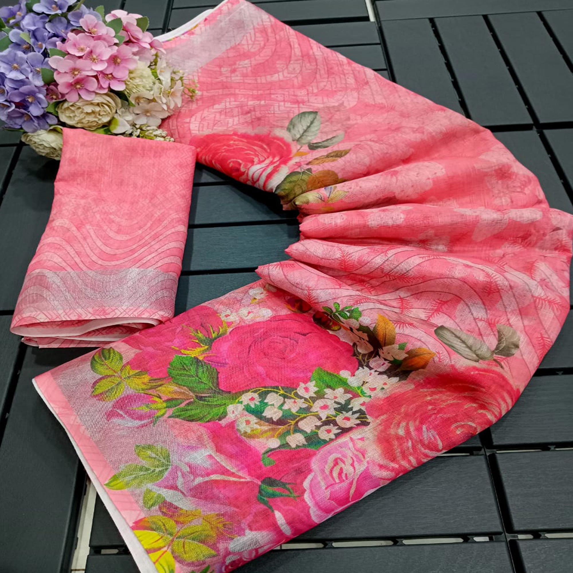 Gajri Pink Floral Printed Linen Saree