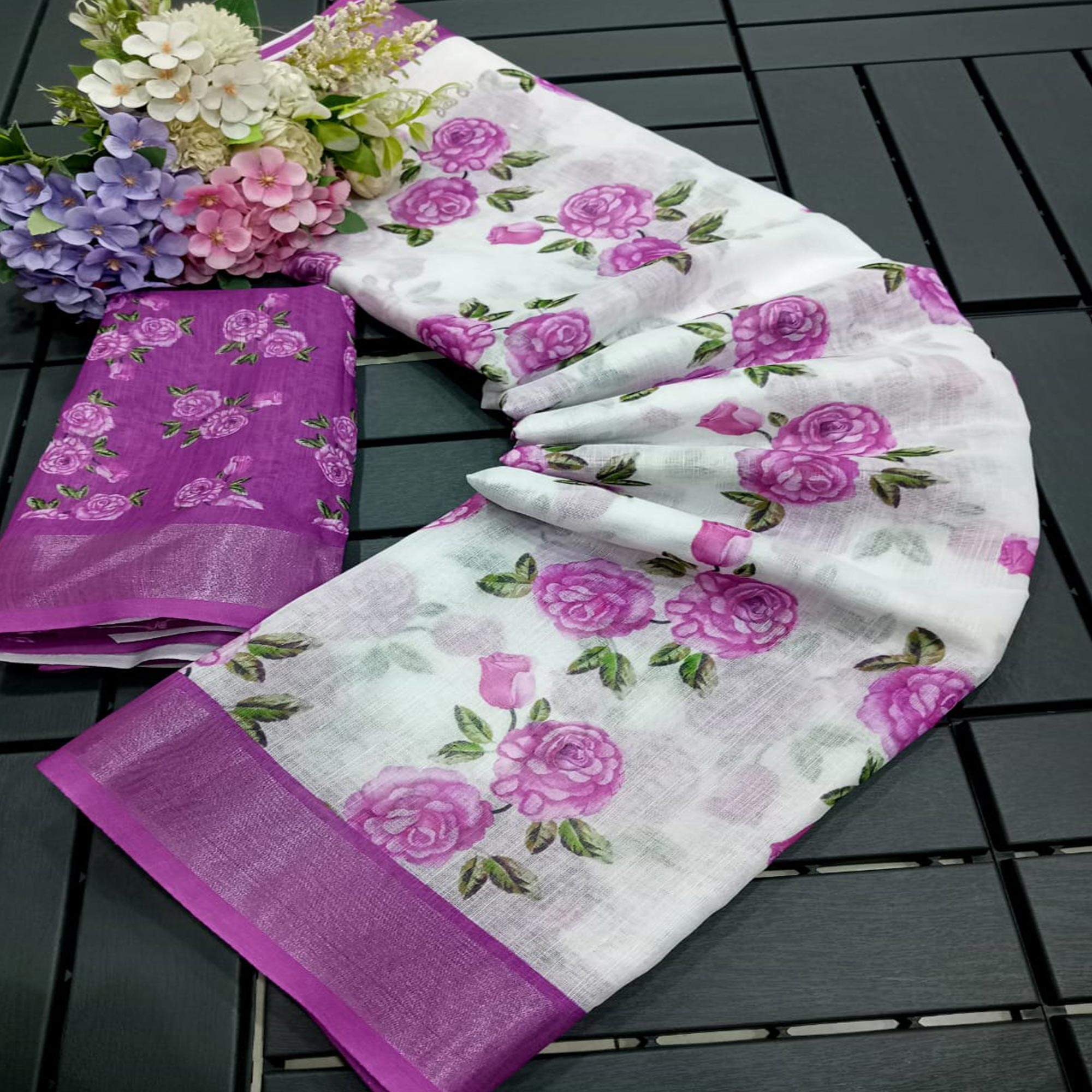 White & Purple Floral Printed Linen Saree