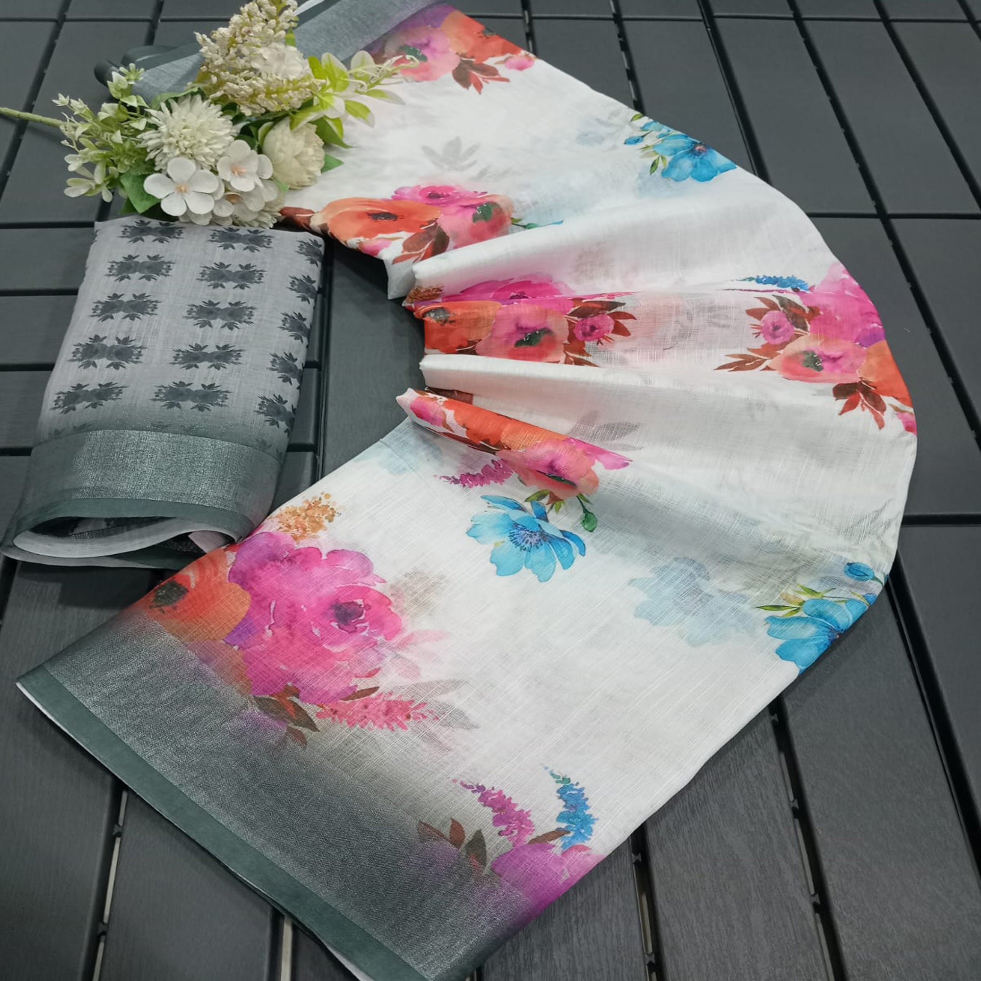White & Grey Floral Printed Linen Saree