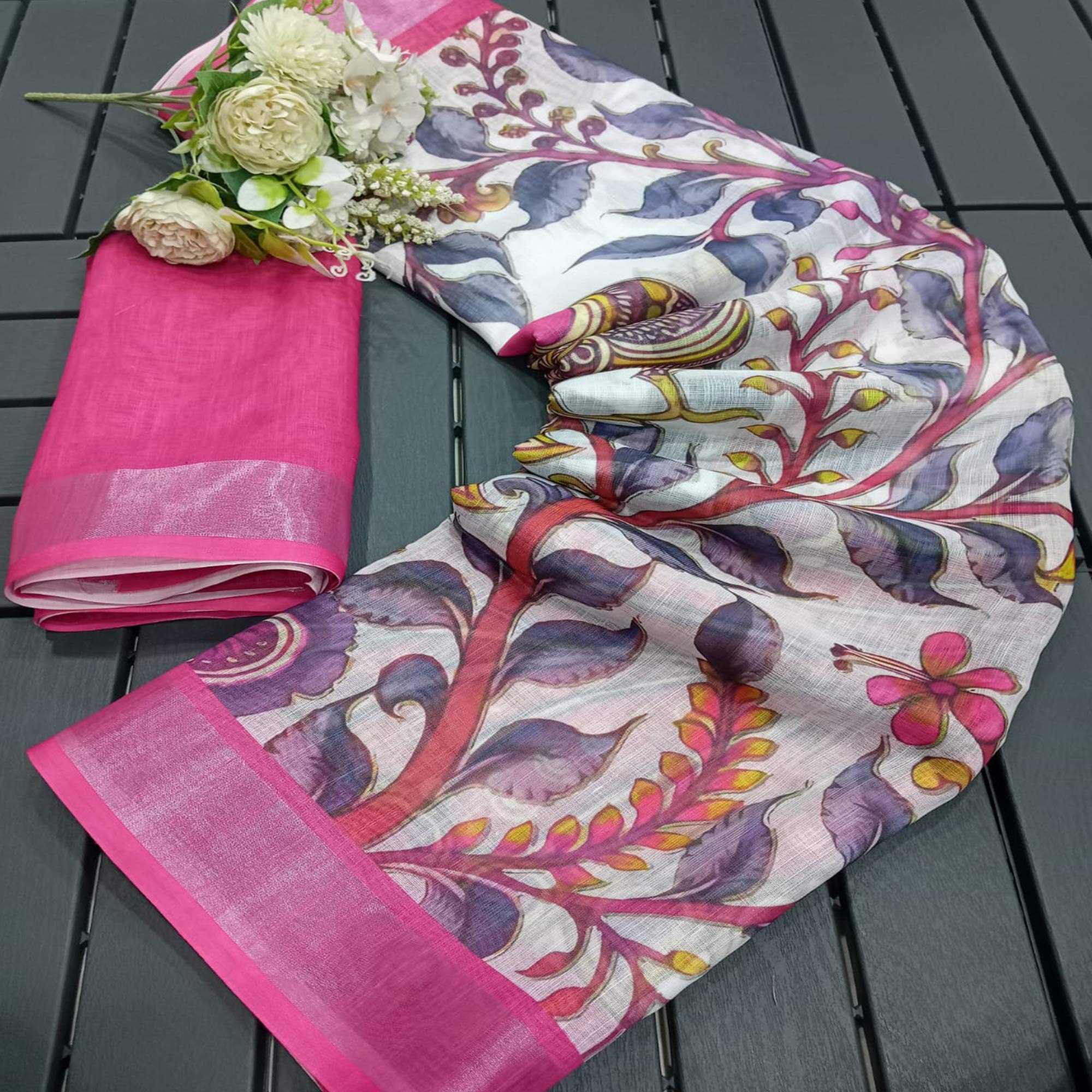 White & Pink Floral Printed Linen Saree