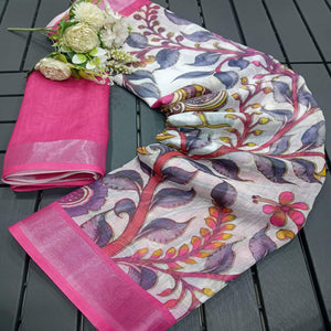 White & Pink Floral Printed Linen Saree