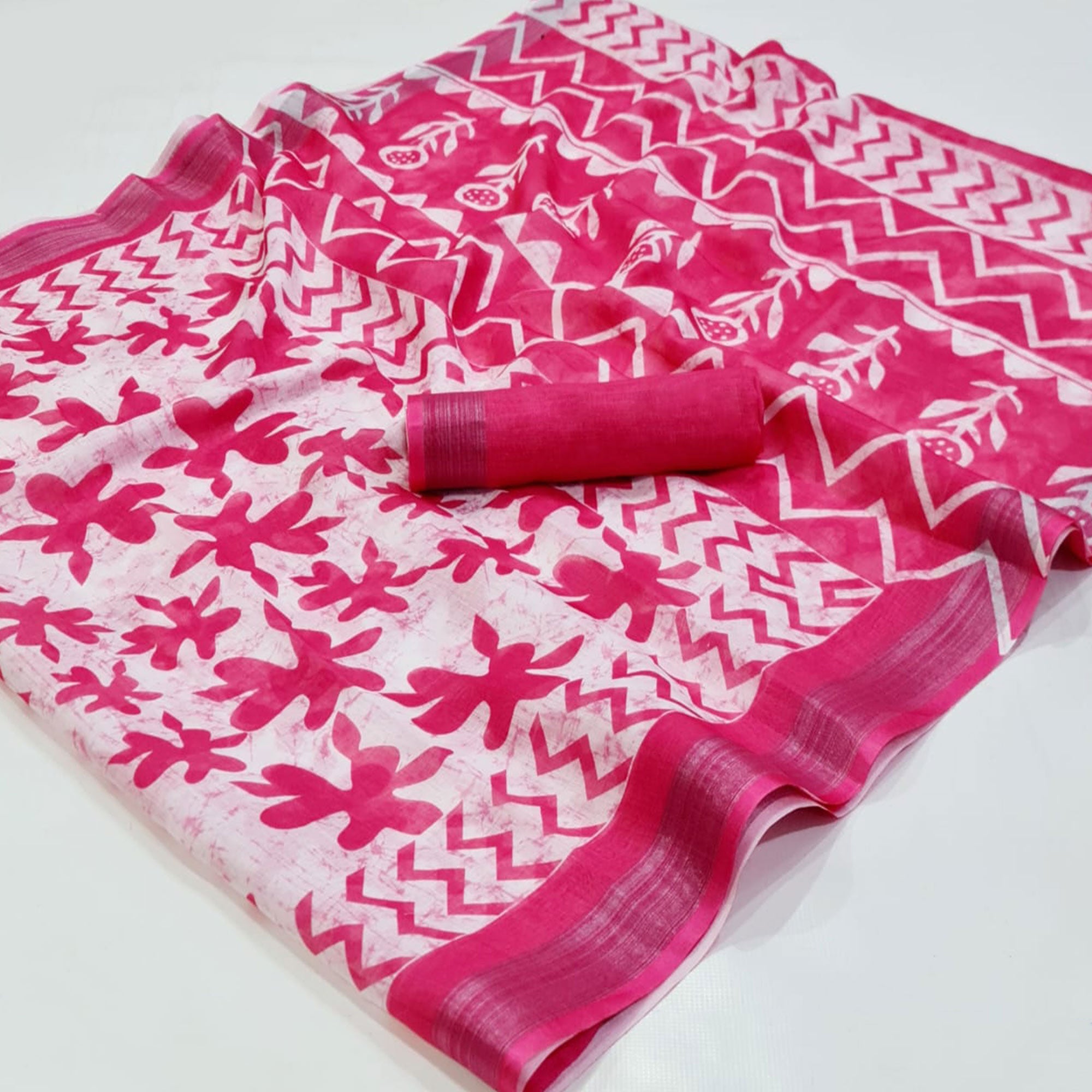 Pink & White Floral Printed Linen Saree