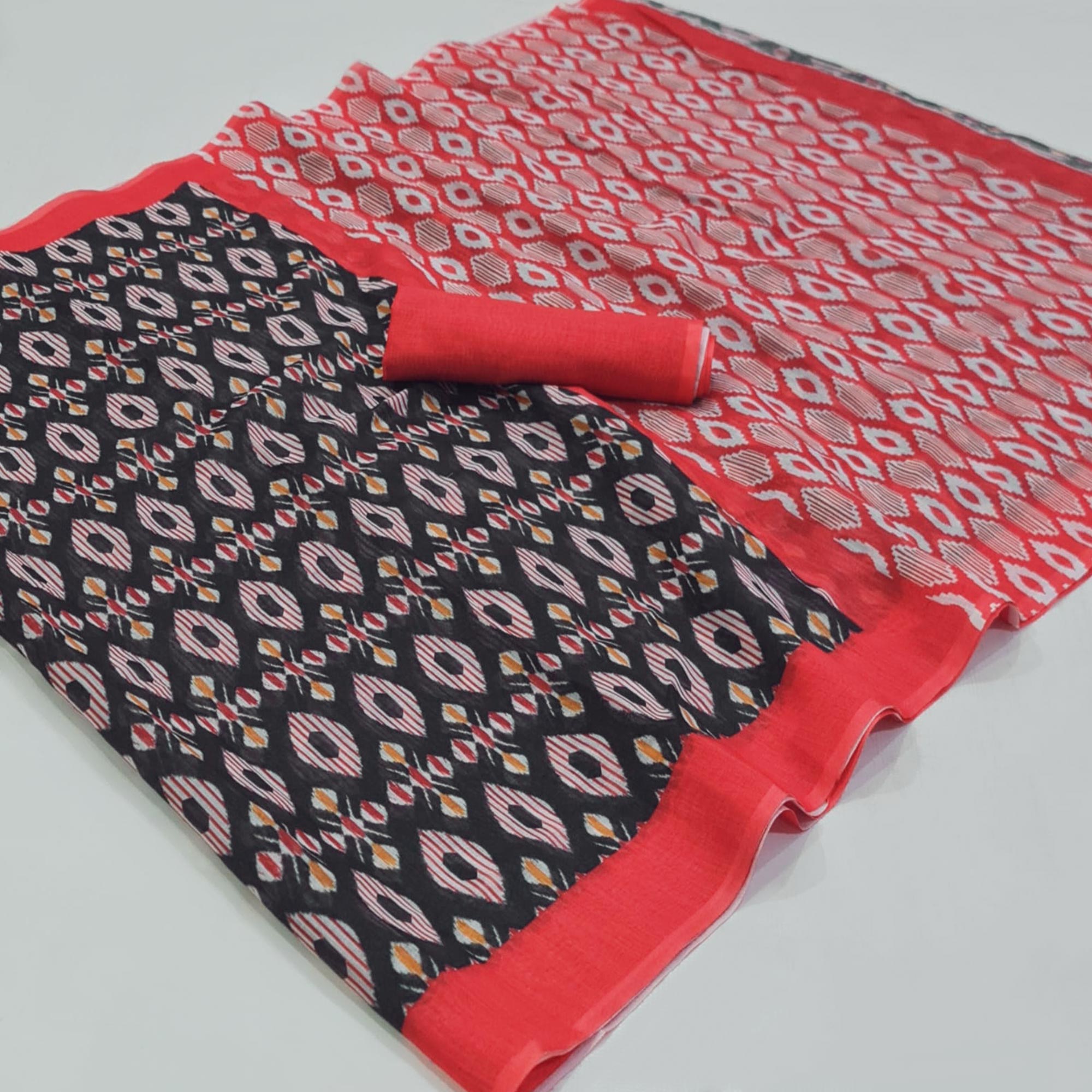 Black & Red Digital Printed Linen Saree