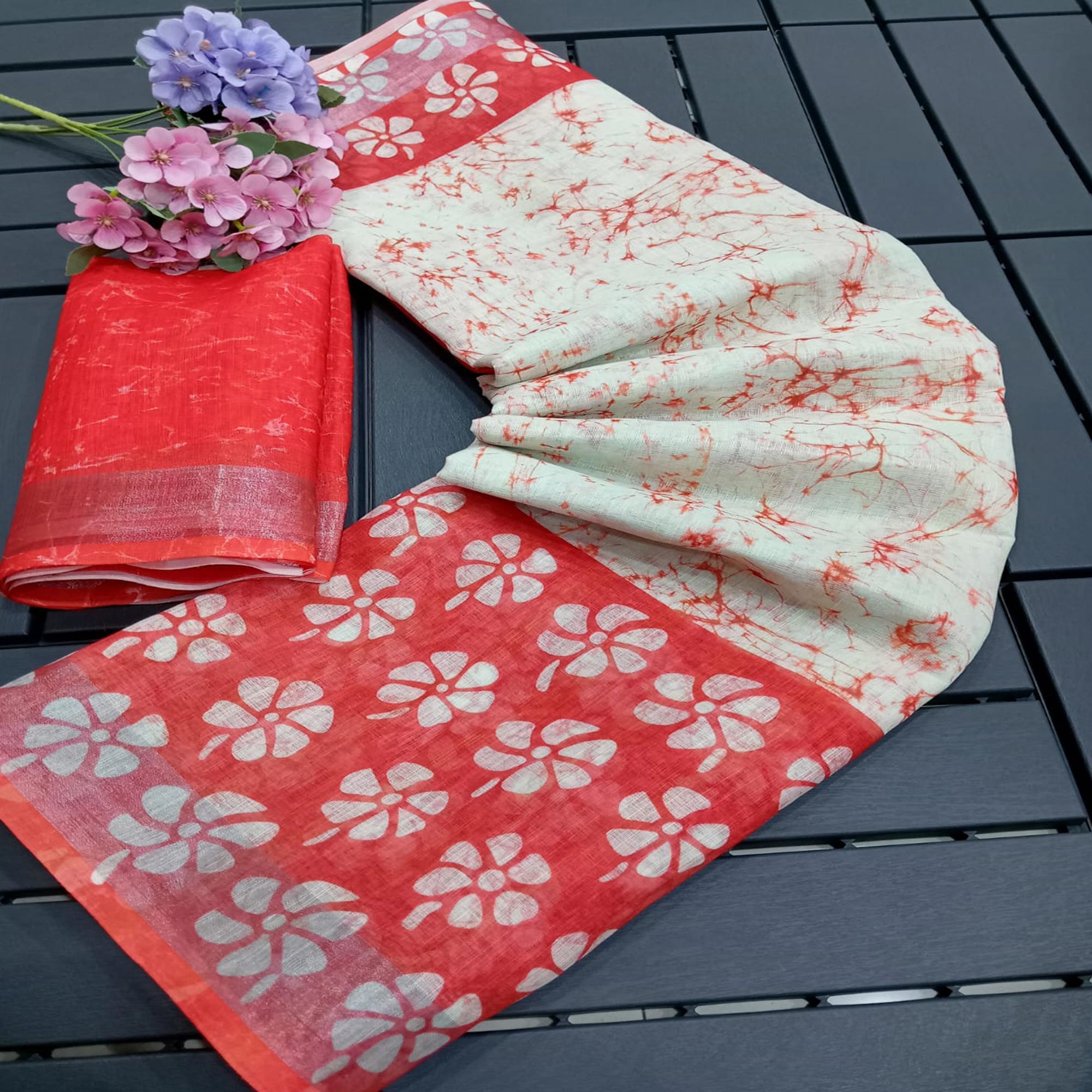 White & Red Printed Linen Saree