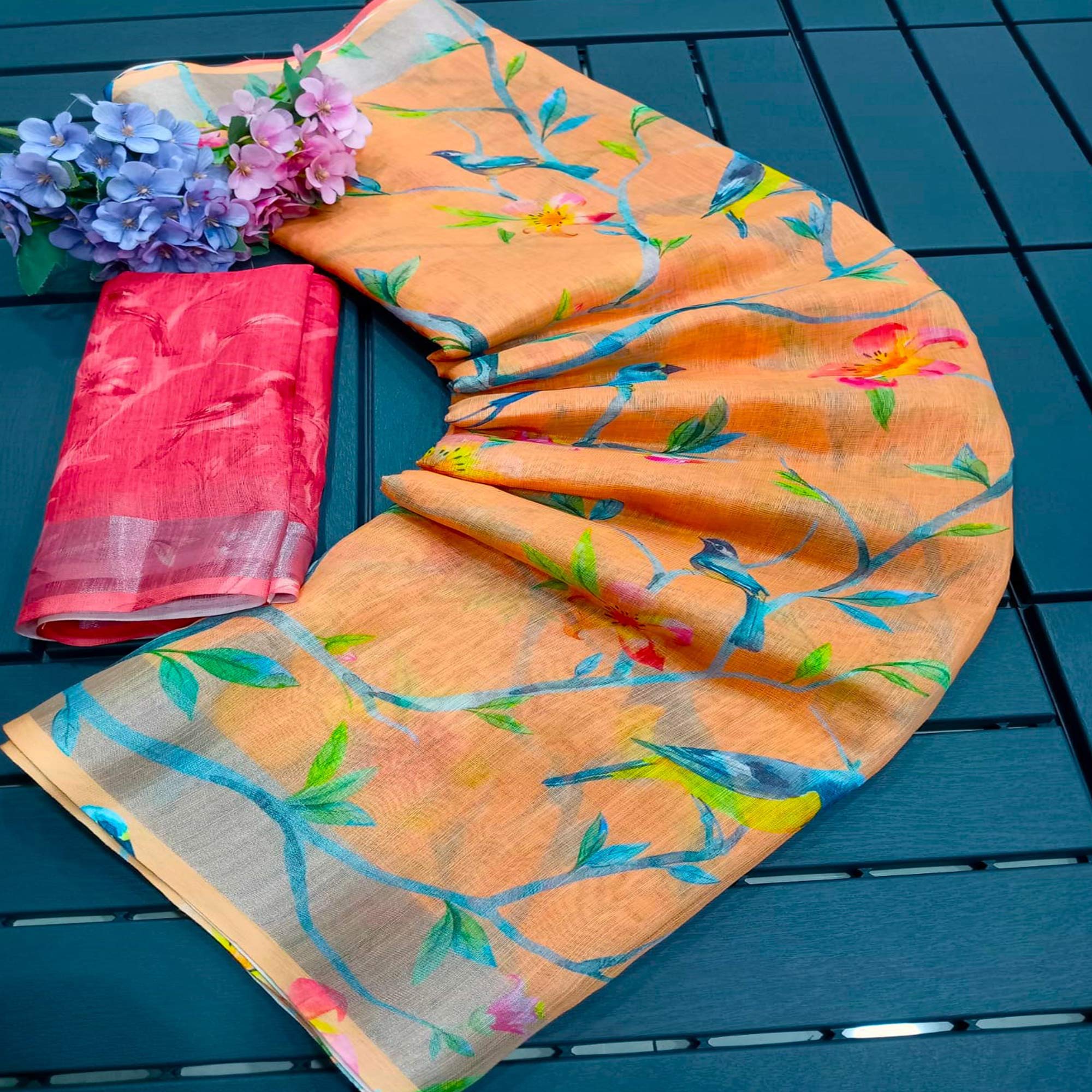 Orange Printed Linen Saree