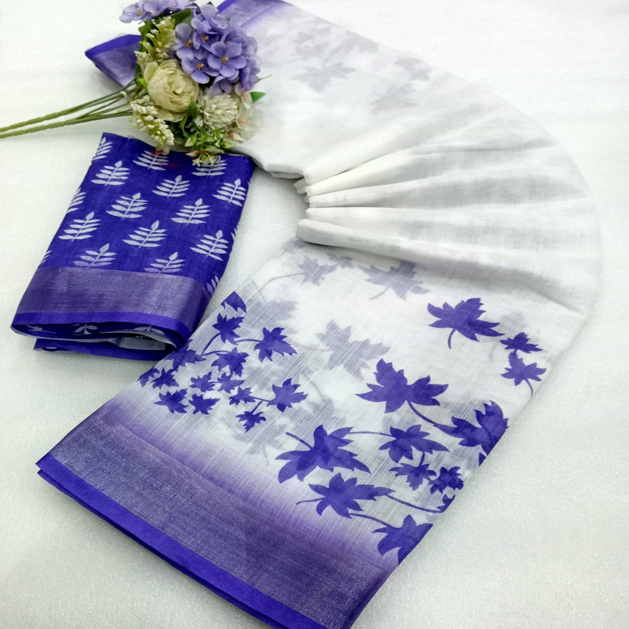 Blue & White Floral Printed Linen Saree