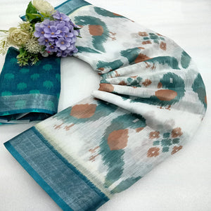 Teal Ikkat Printed Linen Saree