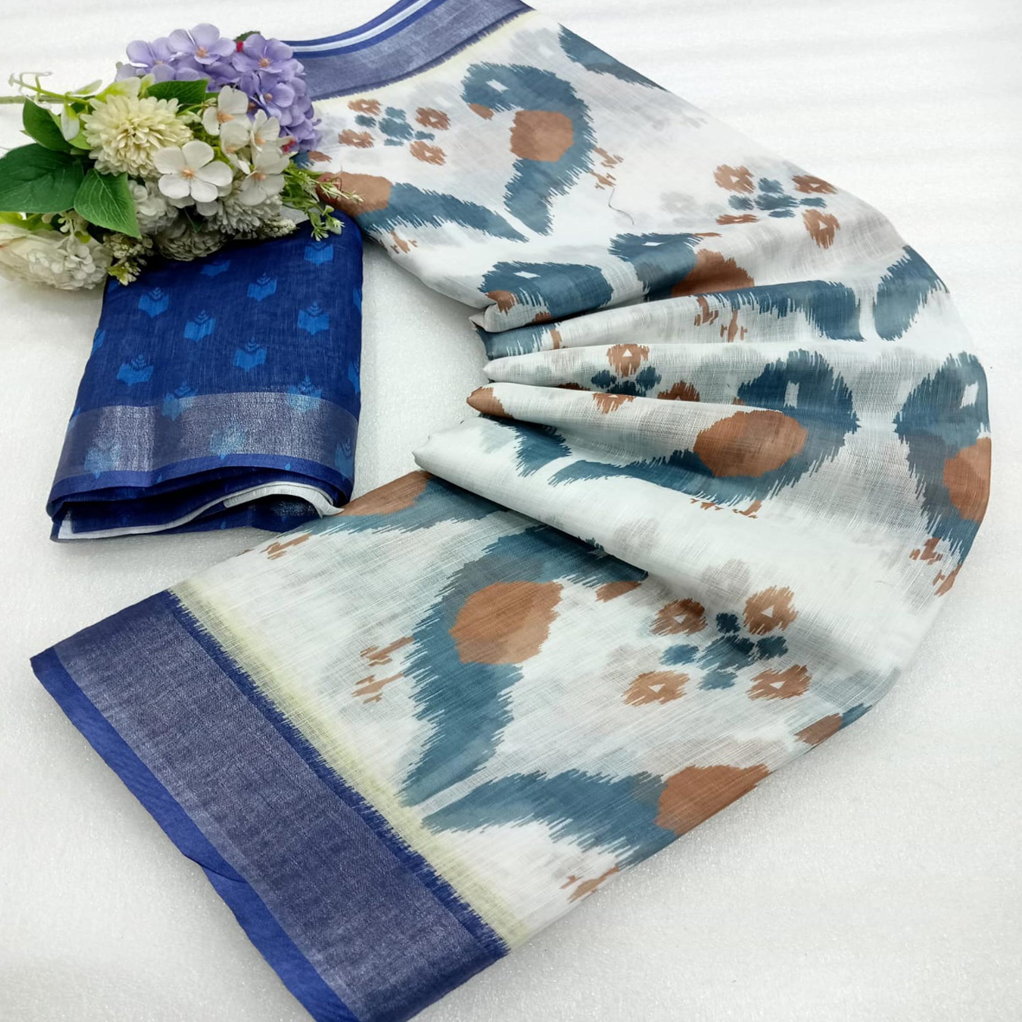 Blue Ikkat Printed Linen Saree