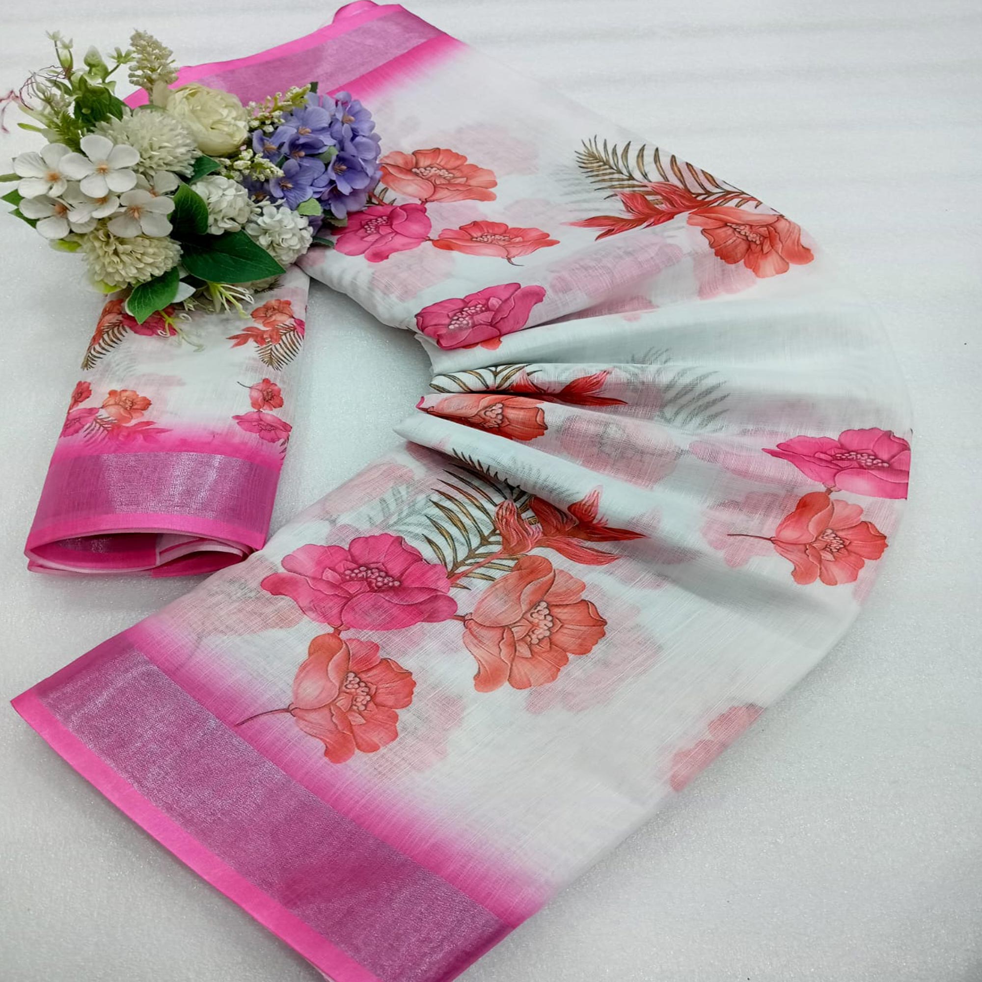 Pink Floral Printed Linen Saree