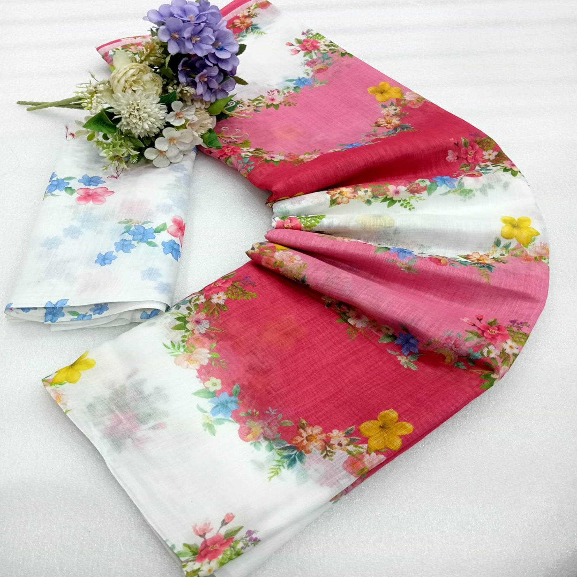 Pink Floral Printed Linen Saree