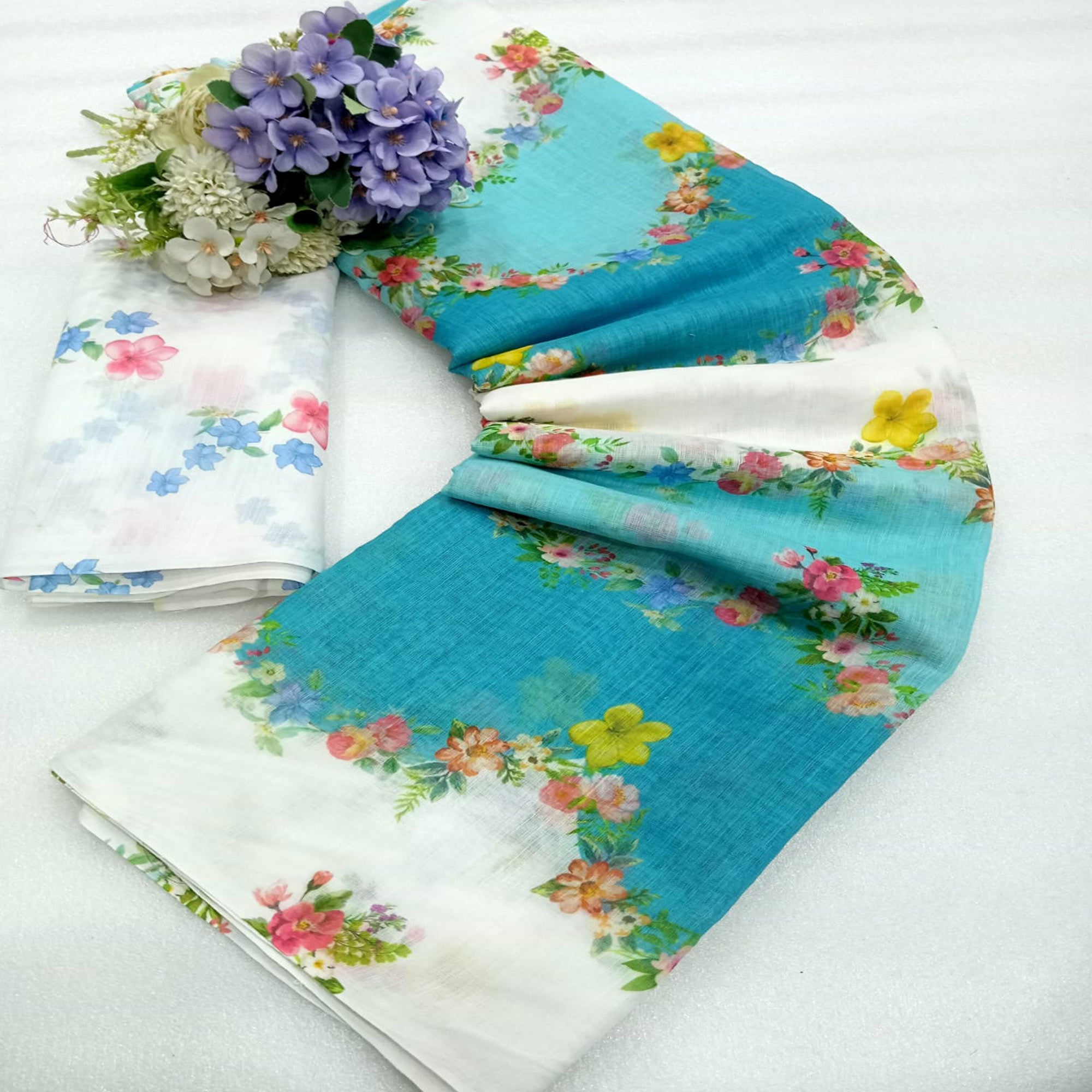Blue Floral Printed Linen Saree