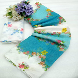 Blue Floral Printed Linen Saree