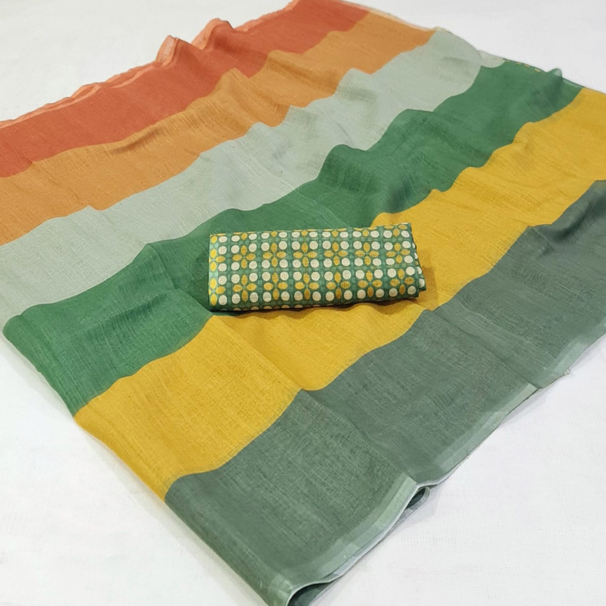 Multicolor Digital Printed Linen Saree with Zari Border