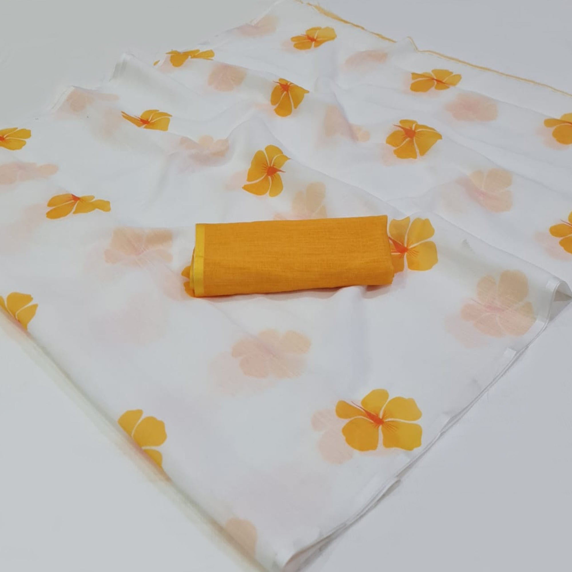 White & Yellow Floral Digital Printed Linen Saree with Zari Border