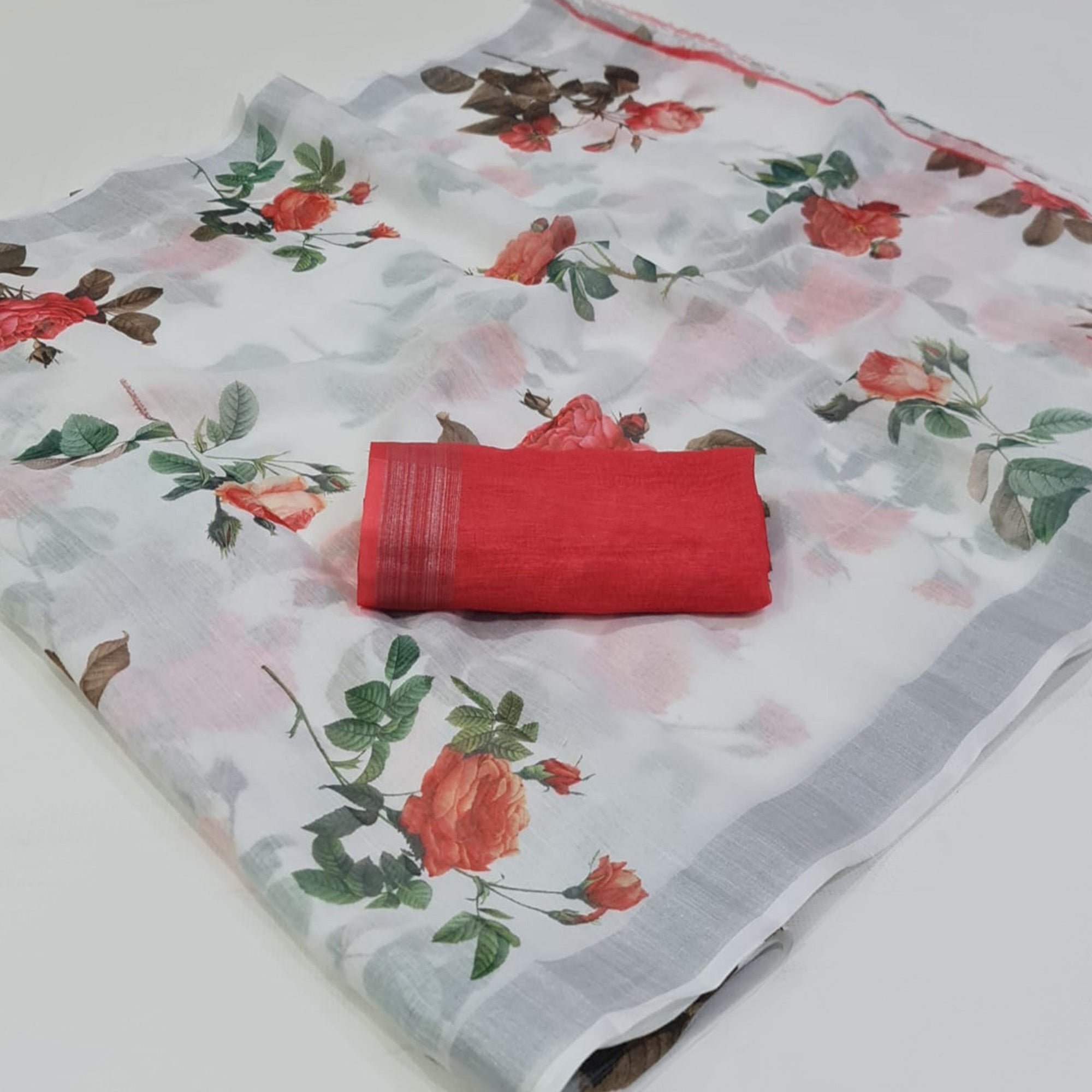 White Digital Printed Linen Saree with Zari Border
