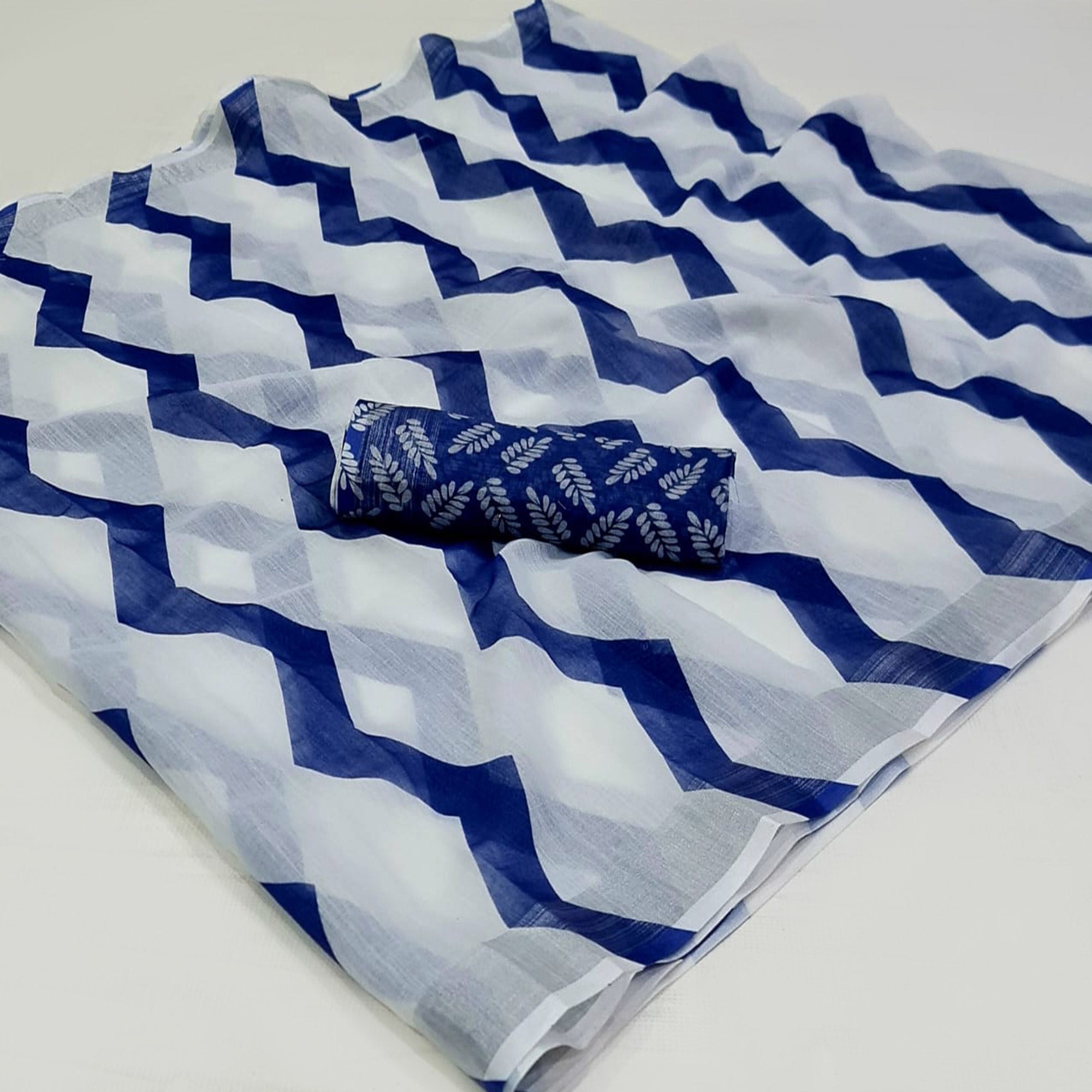 White & Blue Zig-Zag Digital Printed Linen Saree with Zari Border