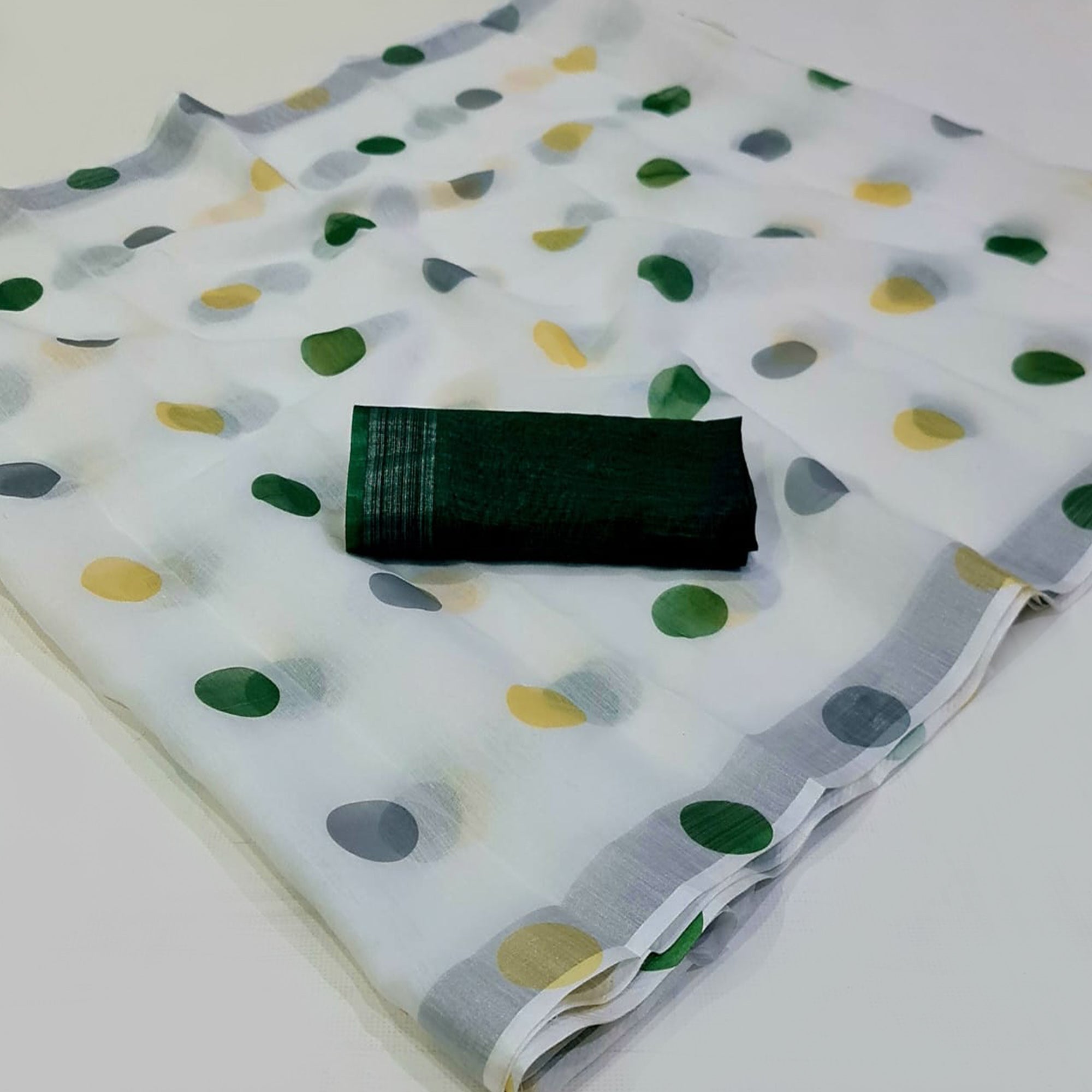 White & Green Digital Printed Linen Saree with Zari Border