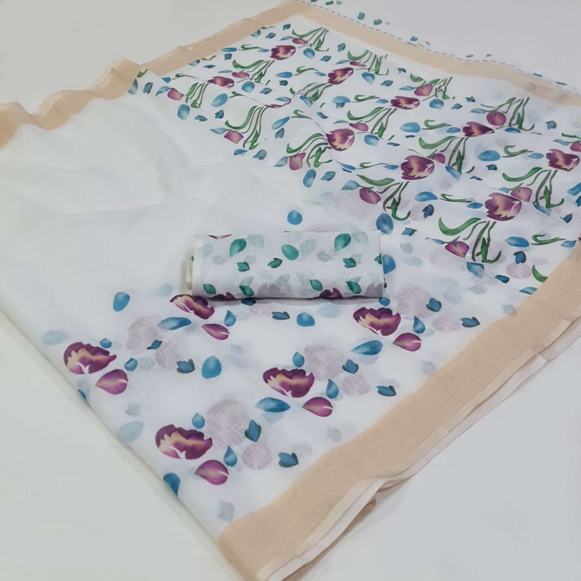 White Floral Digital Printed Linen Saree with Zari Border