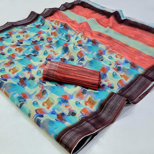Blue Abstract Digital Printed Linen Saree with Zari Border