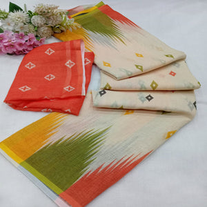 Classic Cream Linen Cotton Drape Featuring Ikkat-Inspired Prints