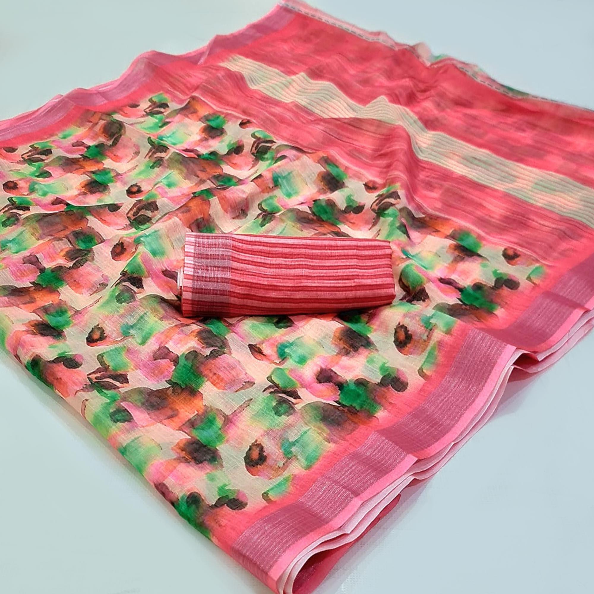 Pink Abstract Digital Printed Linen Saree with Zari Border