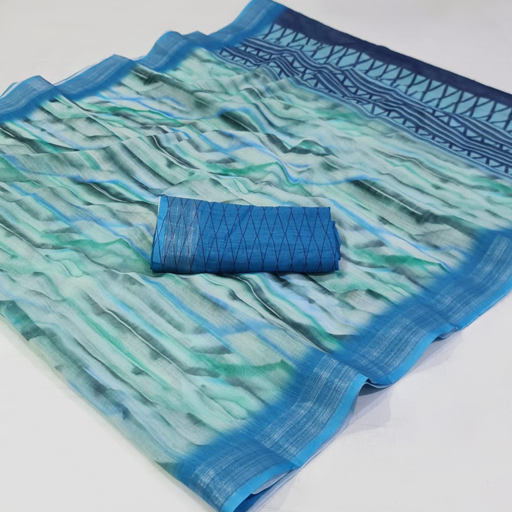 Blue Abstract Digital Printed Linen Saree with Zari Border