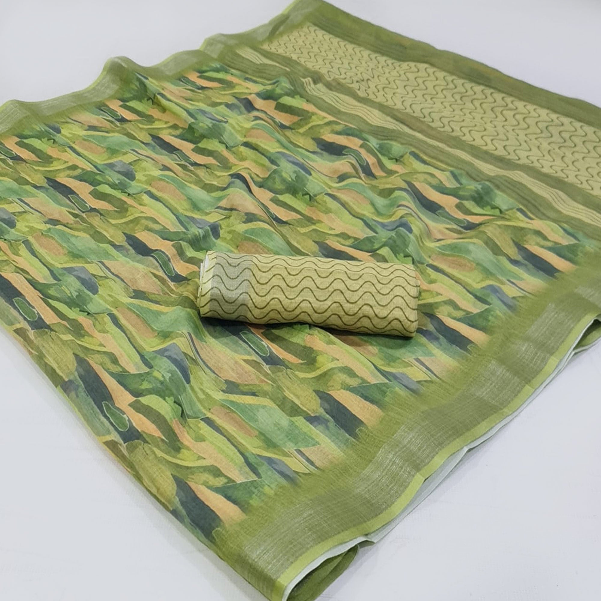 Green Abstract Digital Printed Linen Saree with Zari Border