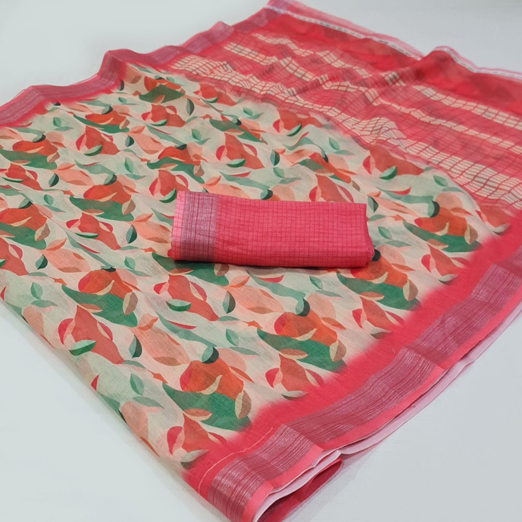 Pink Floral Digital Printed Linen Saree with Zari Border