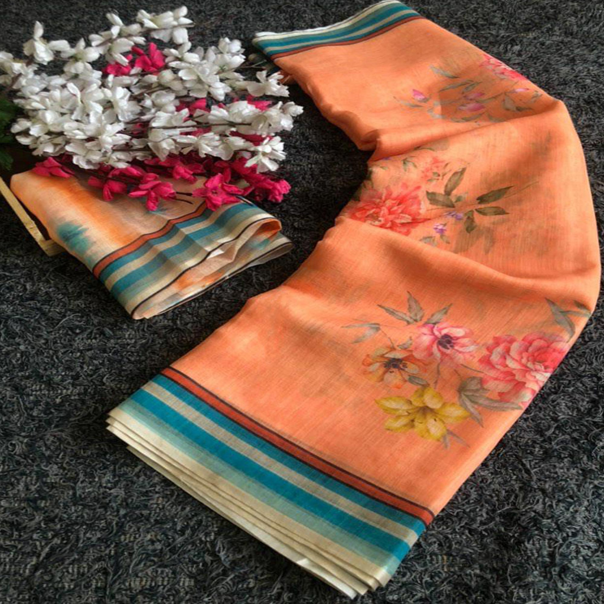 Orange Digital Printed Linen Saree With Border