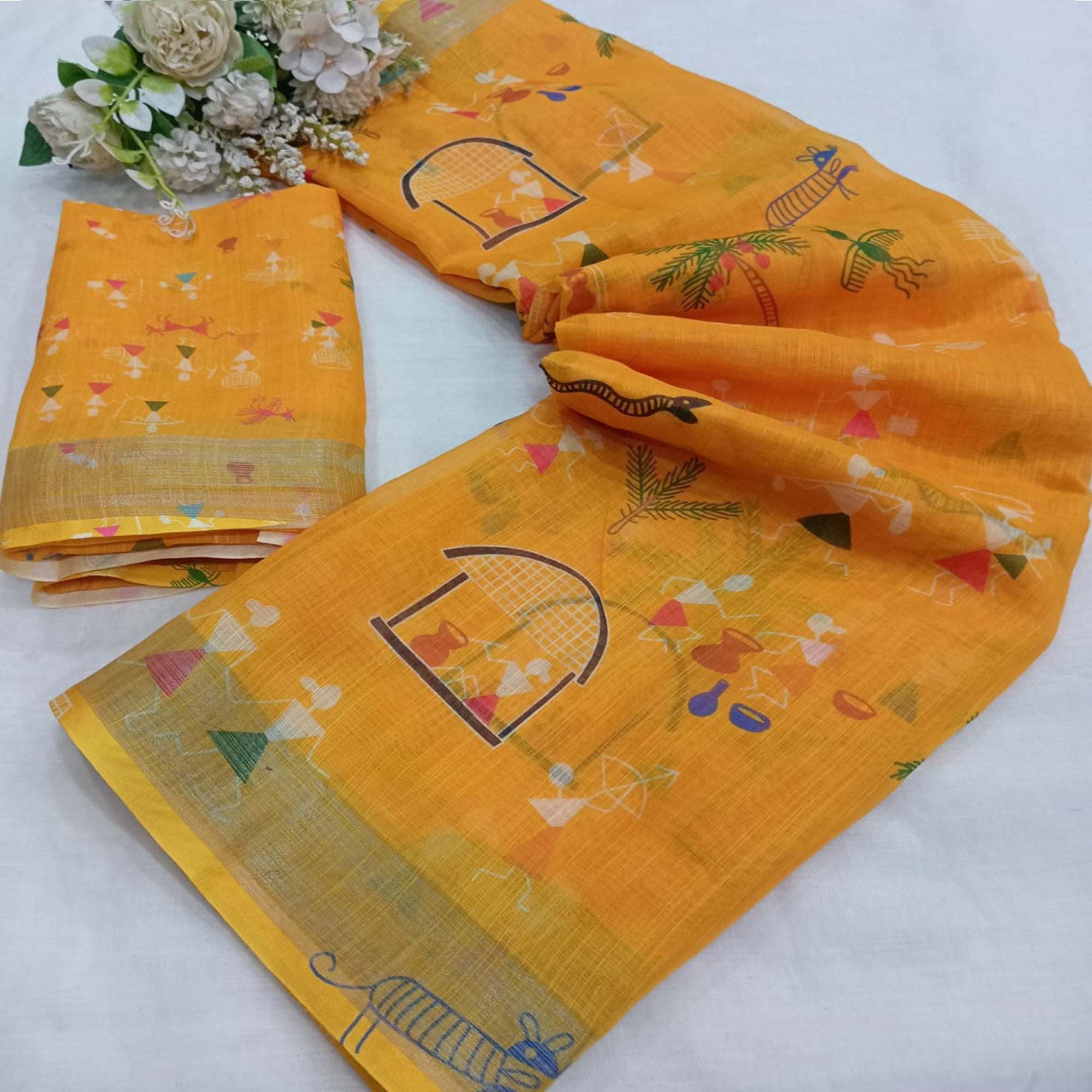 Yellow Digital Printed Linen Saree