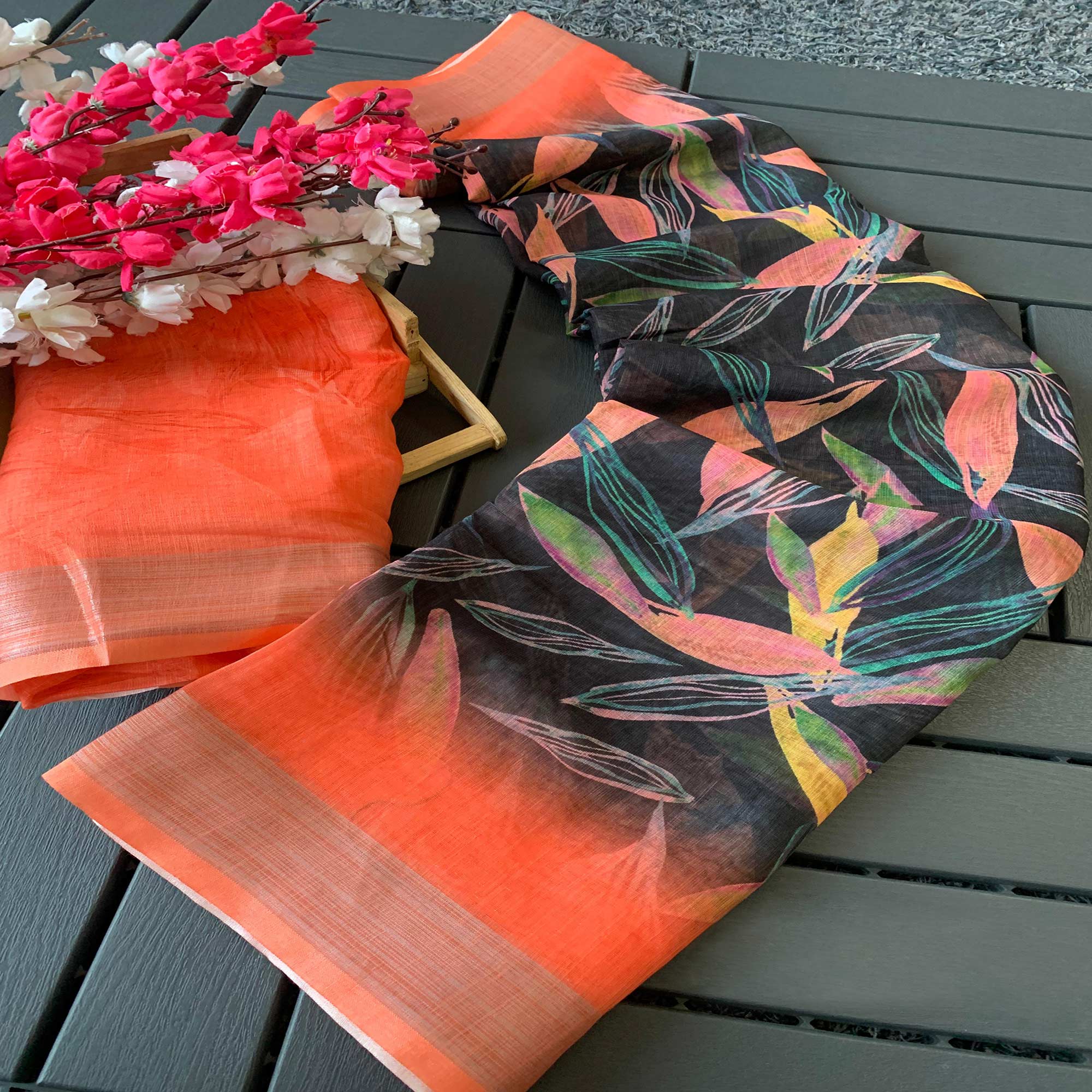 Black & Orange Digital Printed Linen Saree With Border