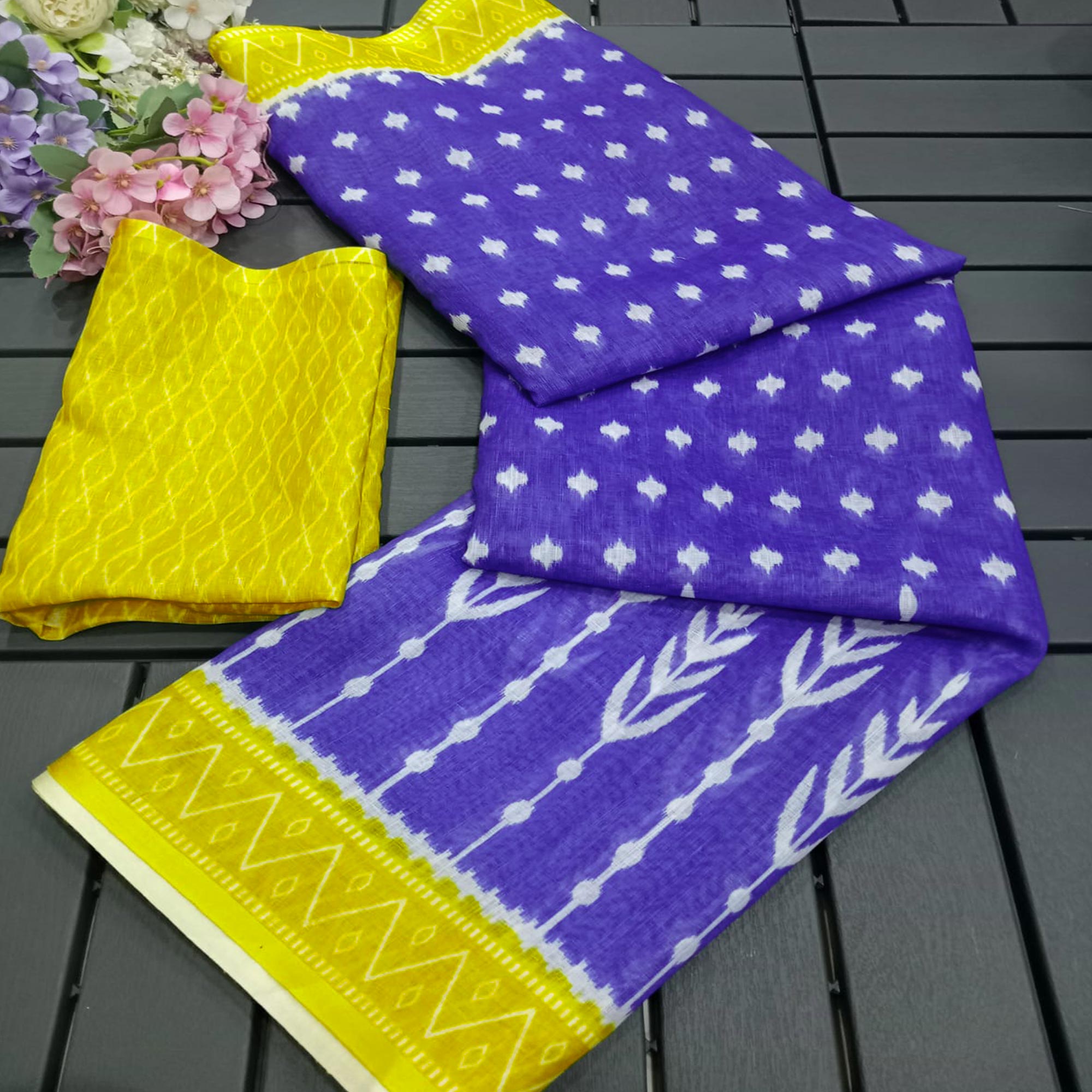 Blue Ikkat Printed Linen Saree