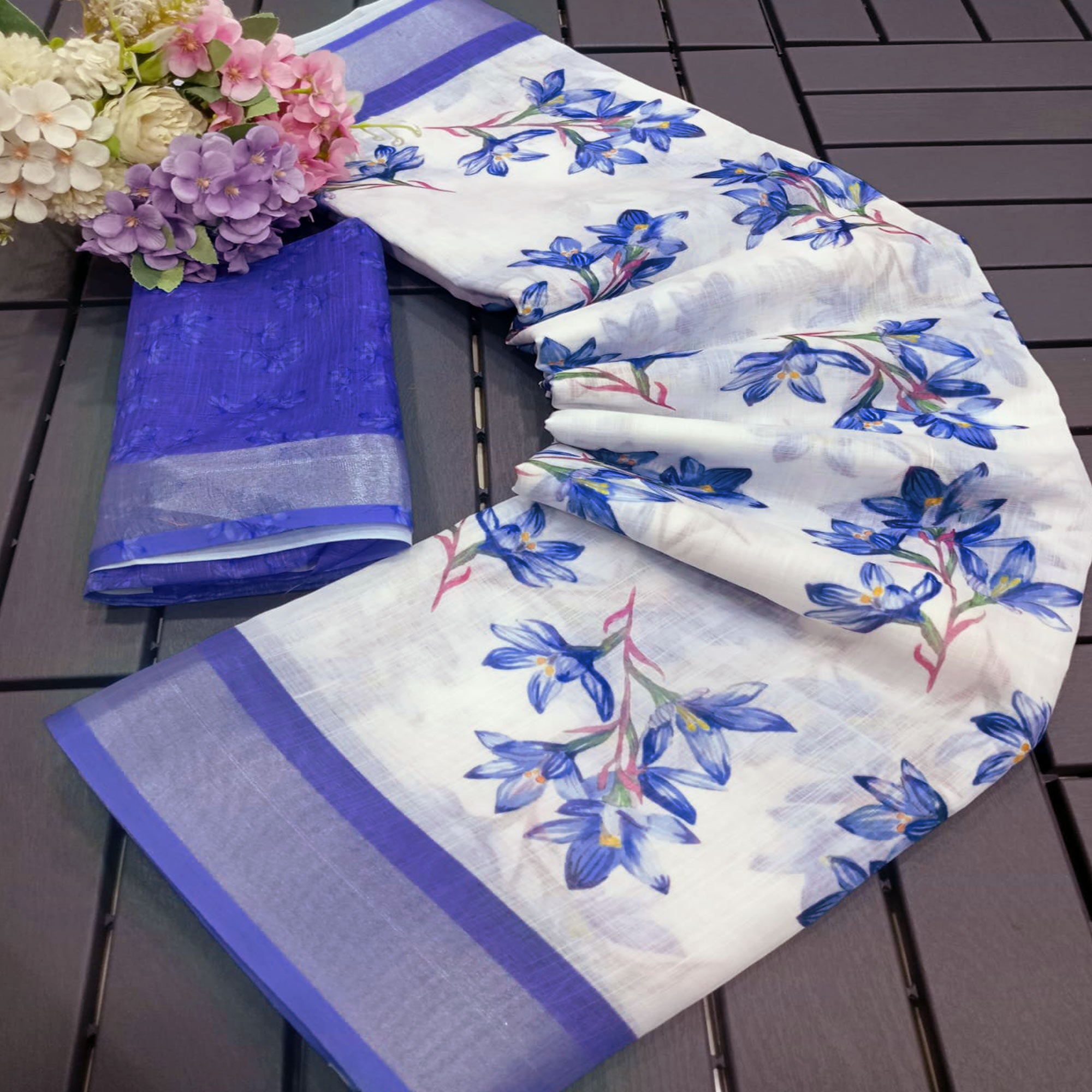 White & Blue Floral Digital Printed Linen Saree