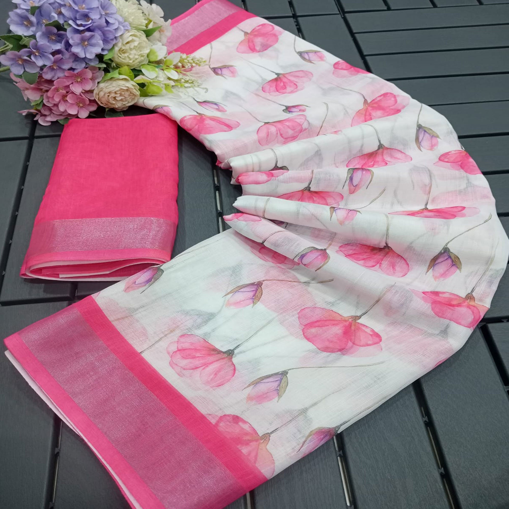 White & Pink Floral Digital Printed Linen Saree