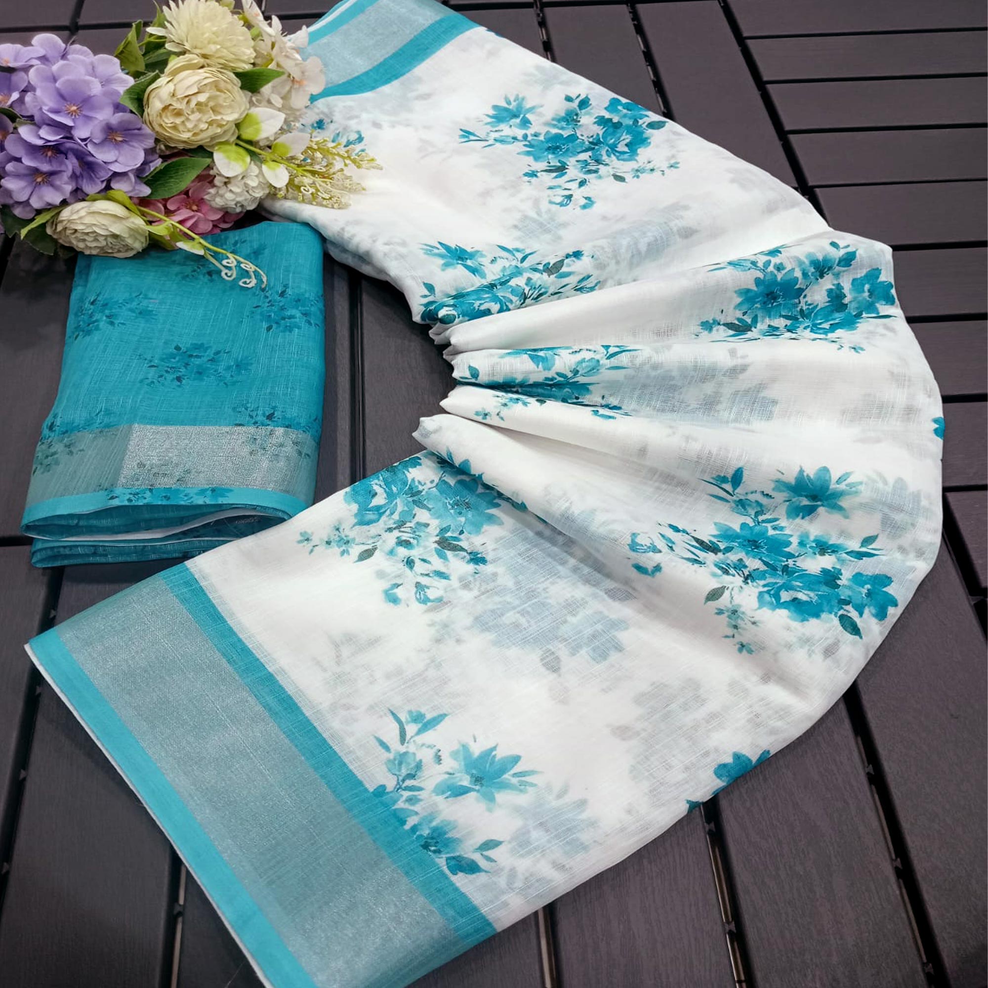 White & Sky Blue Floral Digital Printed Linen Saree