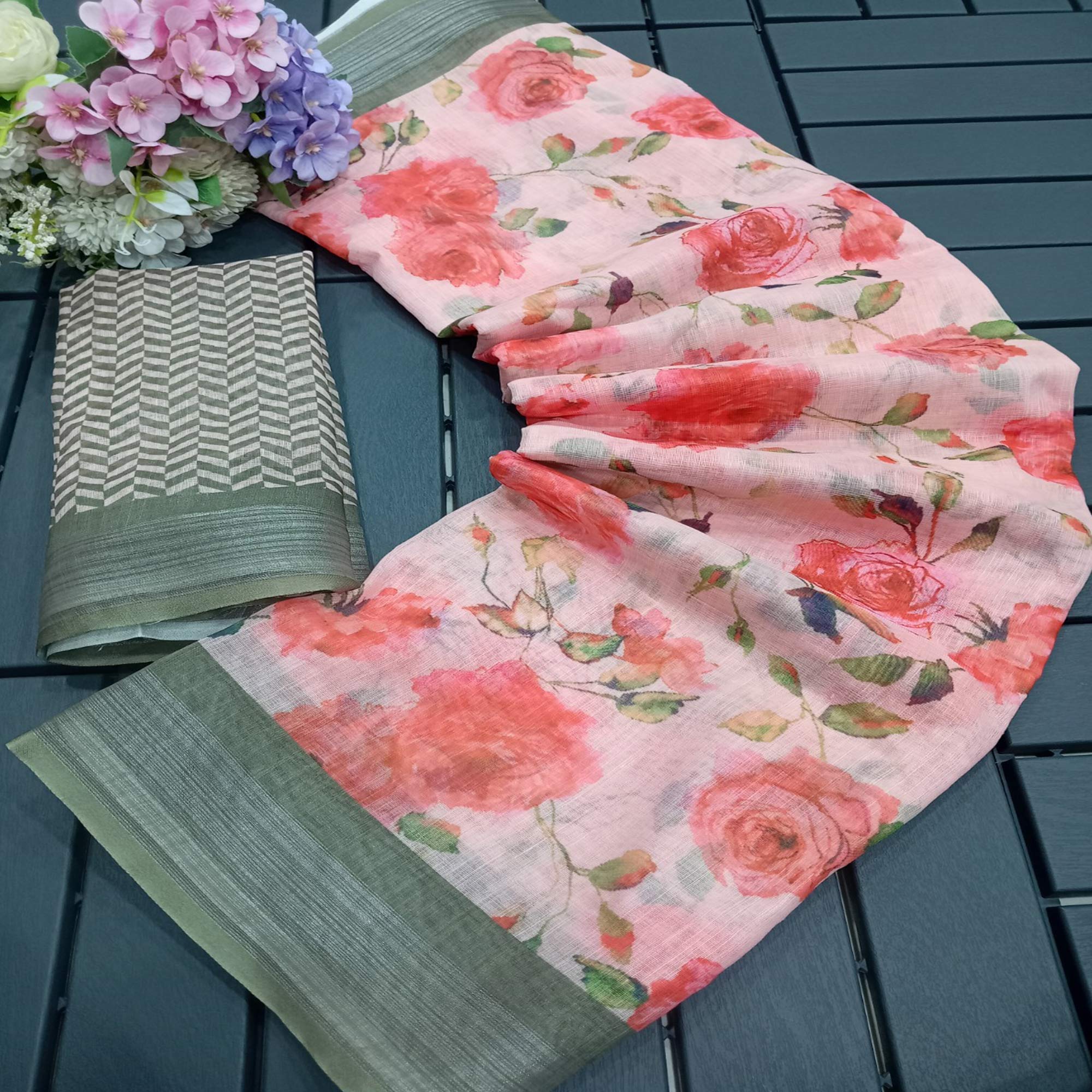 Peach Floral Digital Printed Linen Saree