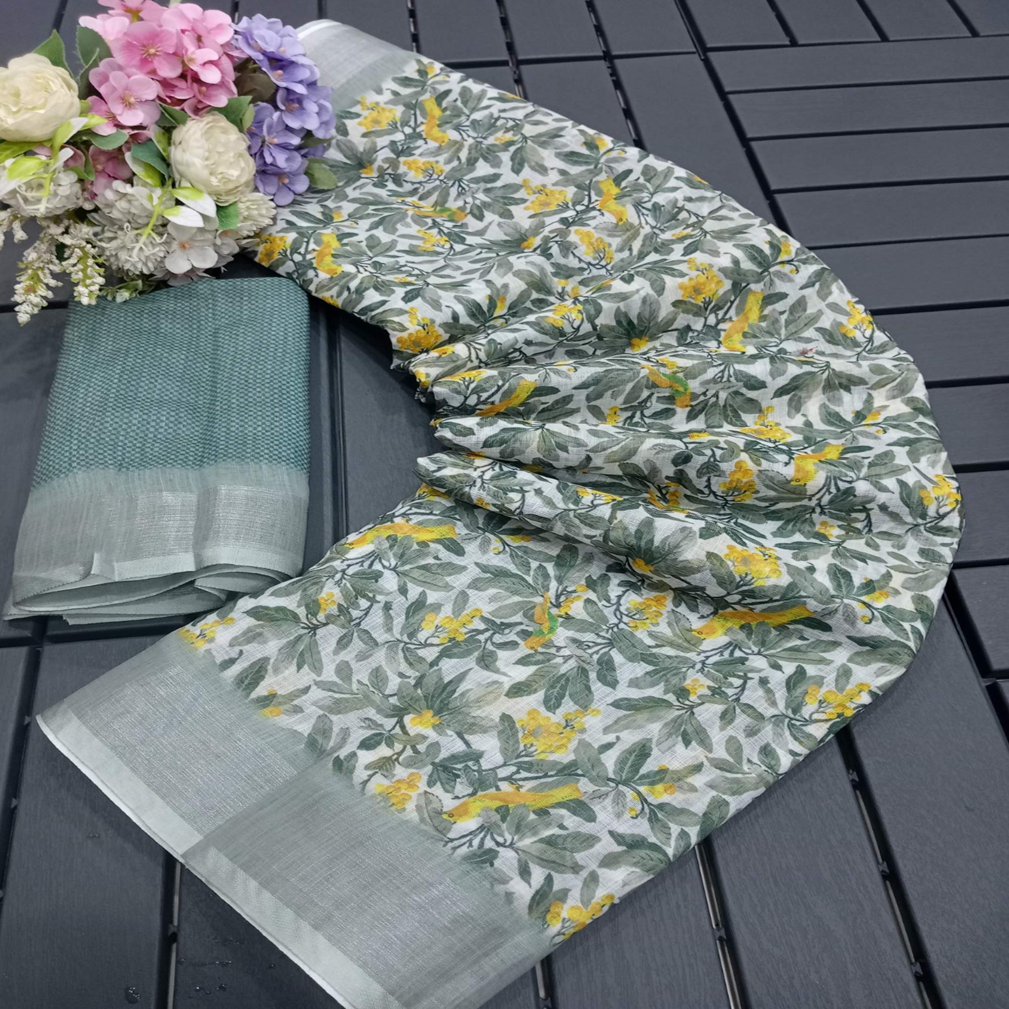 Grey Floral Digital Printed Linen Saree