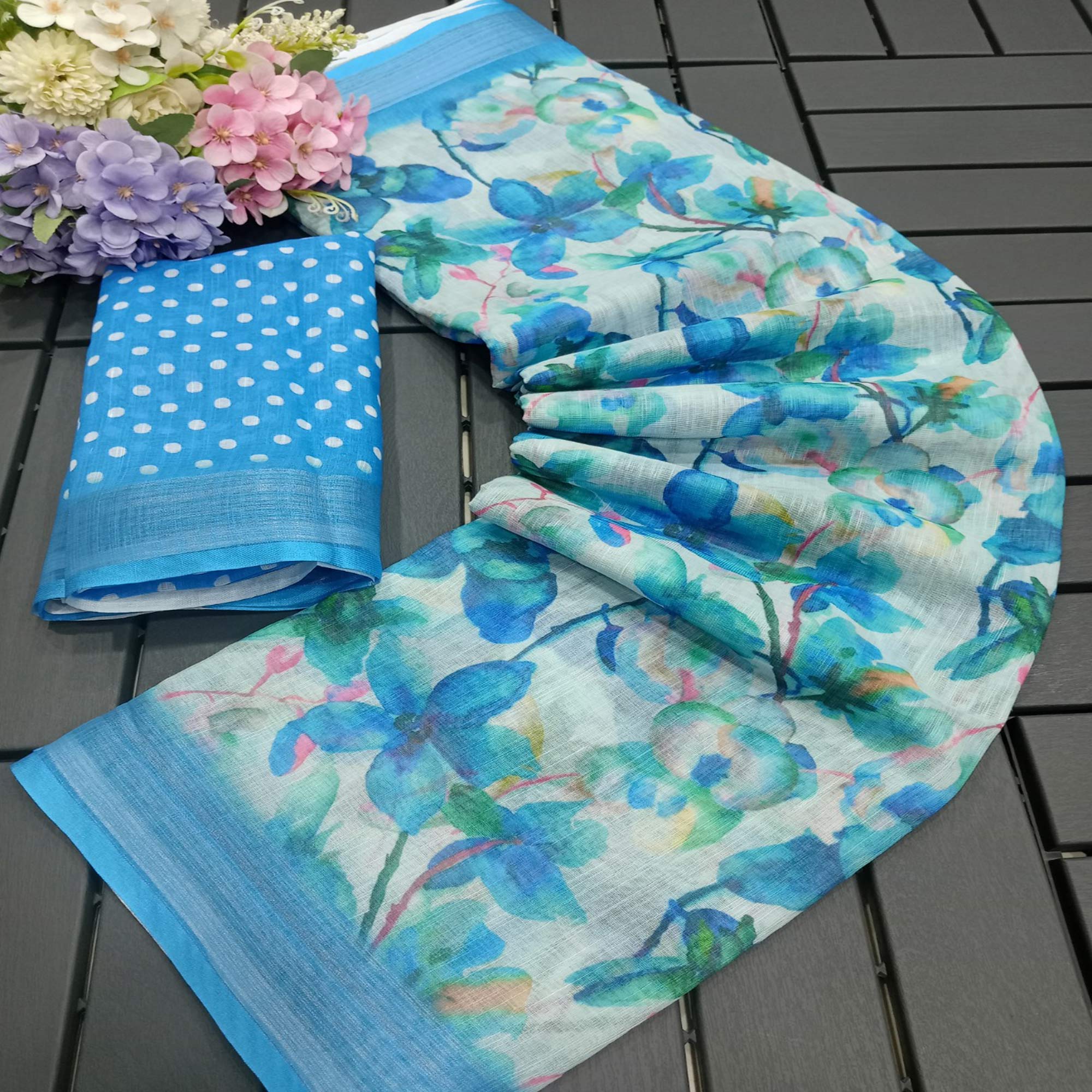 Blue Floral Digital Printed Linen Saree