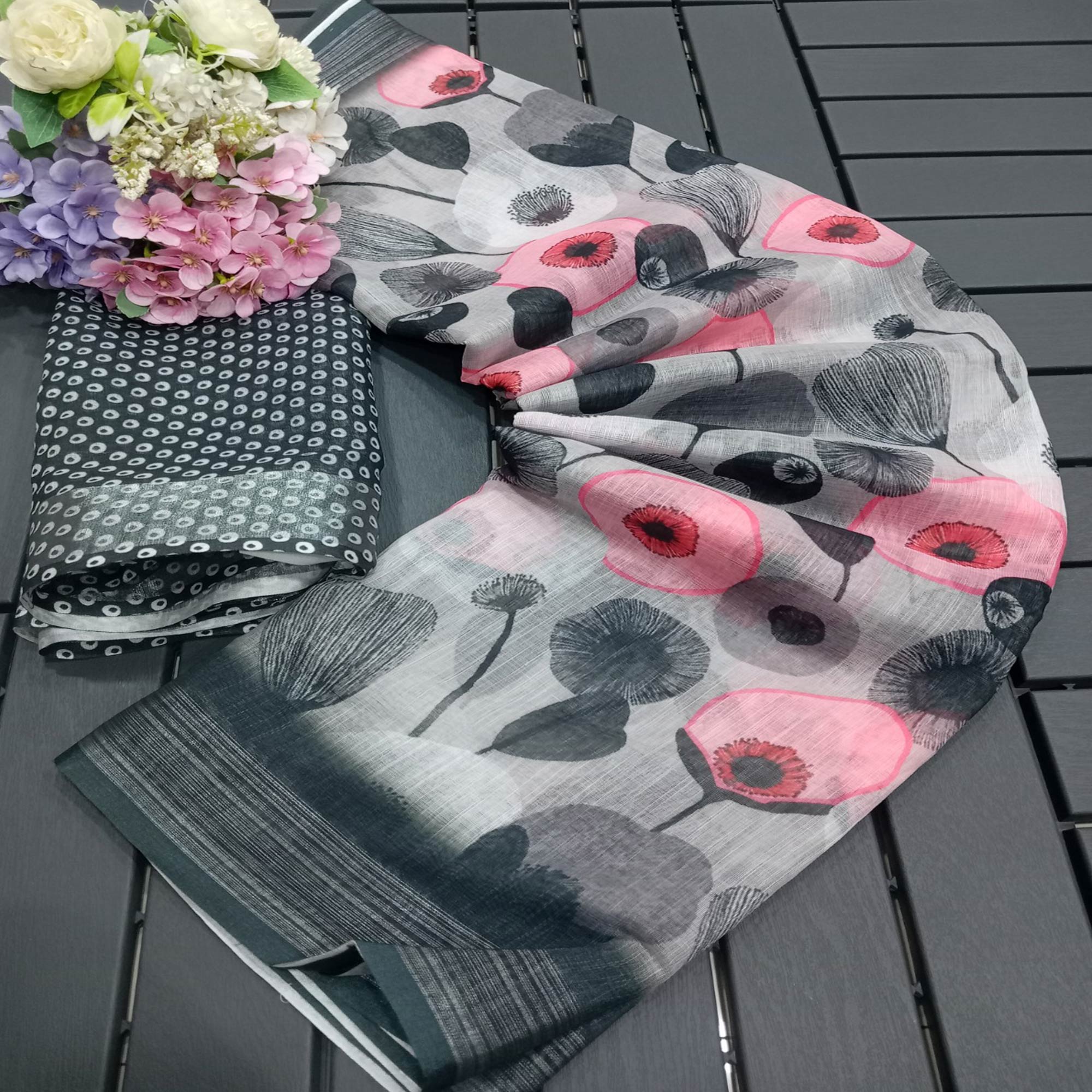 Dark Grey Floral Digital Printed Linen Saree