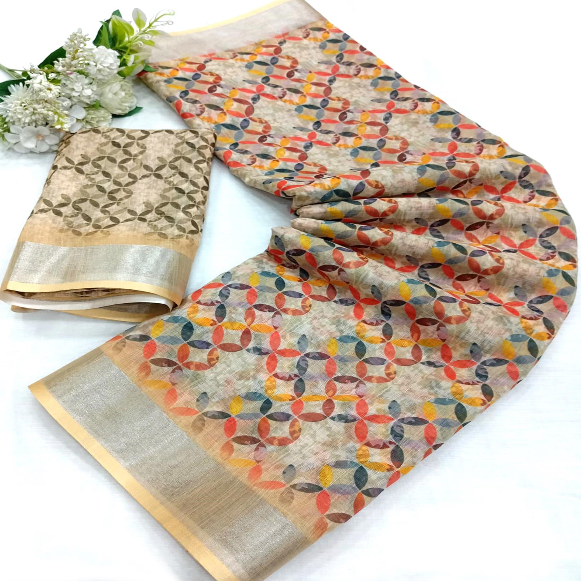 Beige Digital Printed Linen Saree